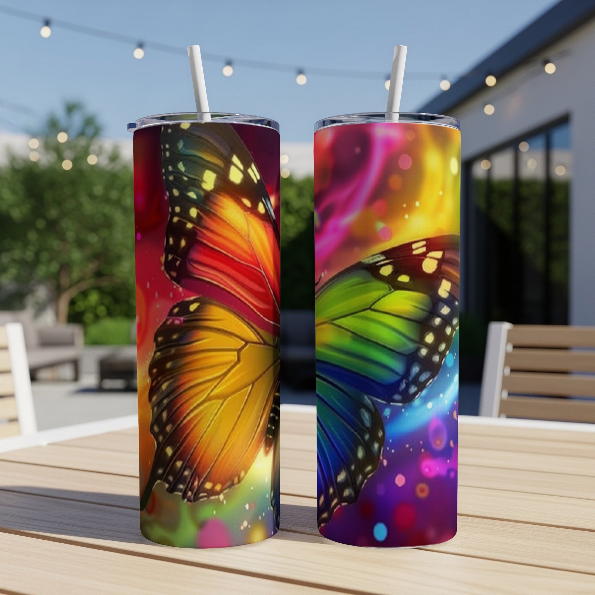 Two tumblers with colorful butterfly wing designs on outdoor table.