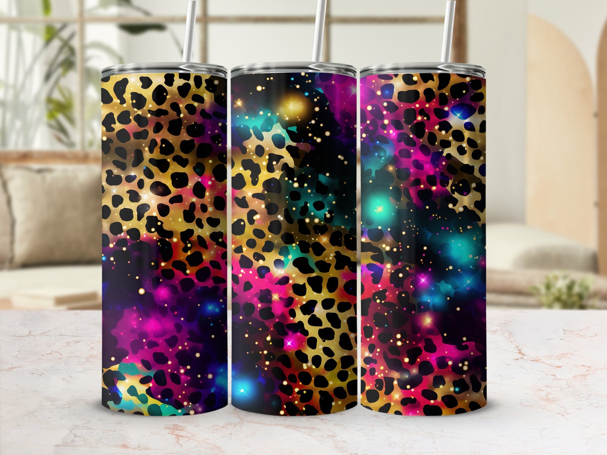 Leopard print tumbler with colorful galaxy background and stars.