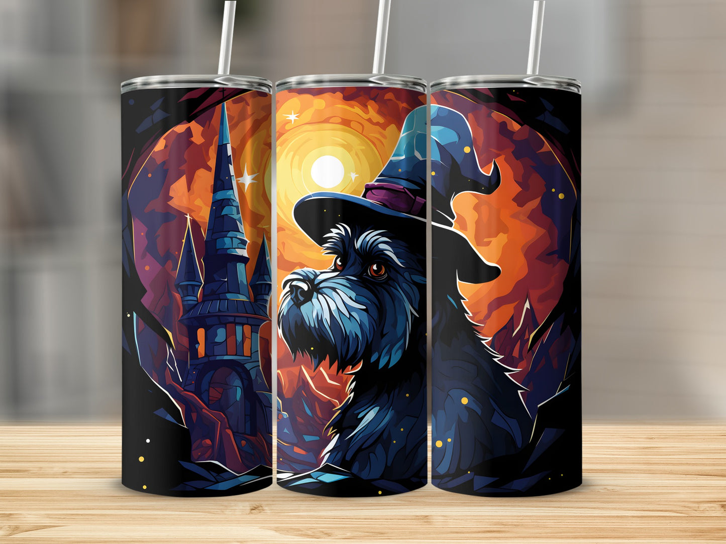 Three tumblers display a black dog in a witch hat with a castle and moon background.