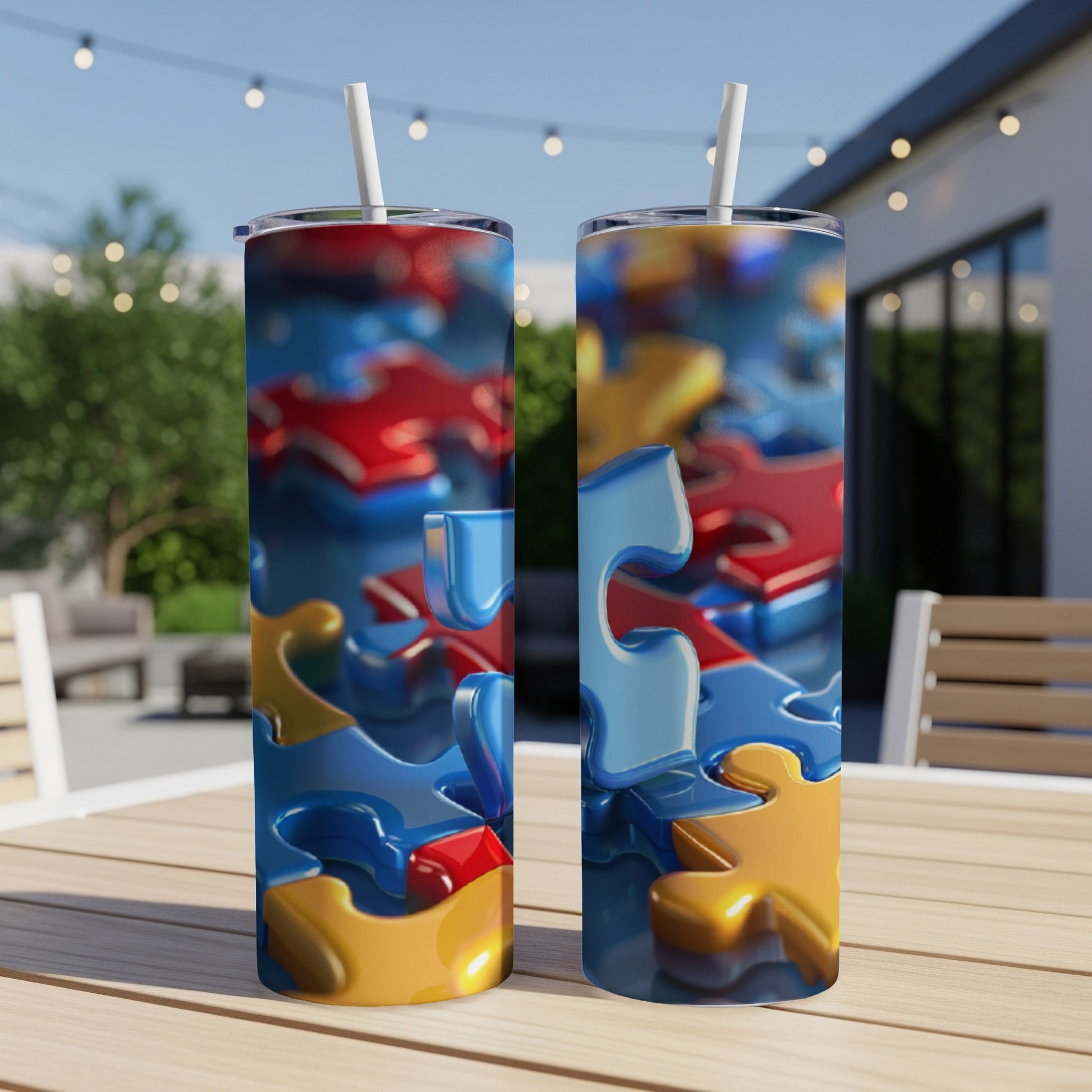 Two colorful puzzle pieces on a table, one blue, one gold.