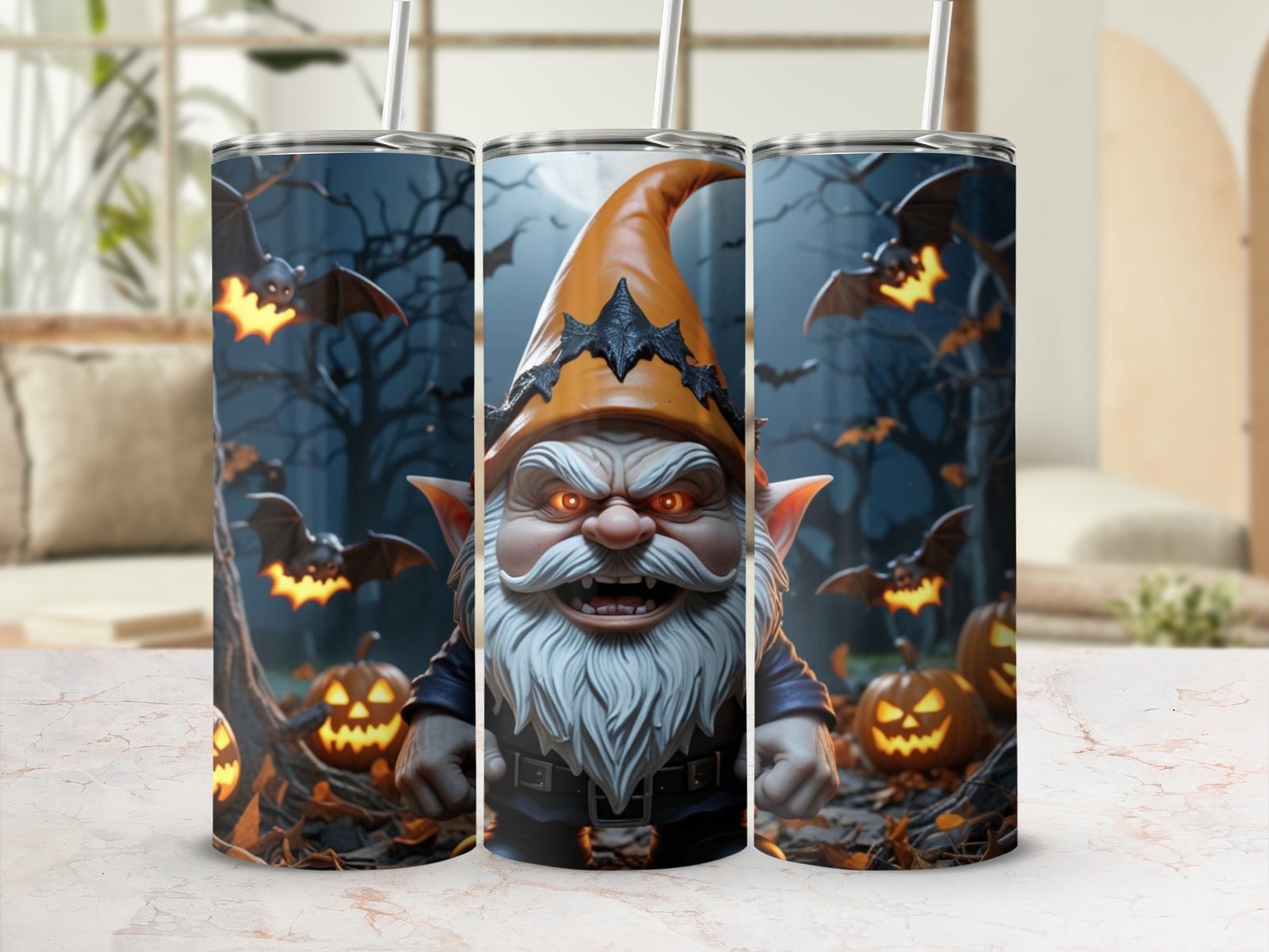 Halloween Gnome with Pumpkins and Bats Tumbler