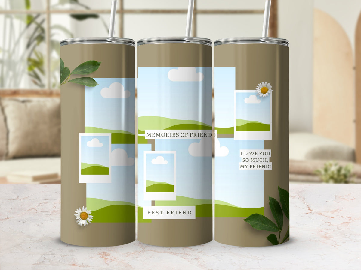 Three tumblers featuring photo collages with sky, clouds, green hills, and text.