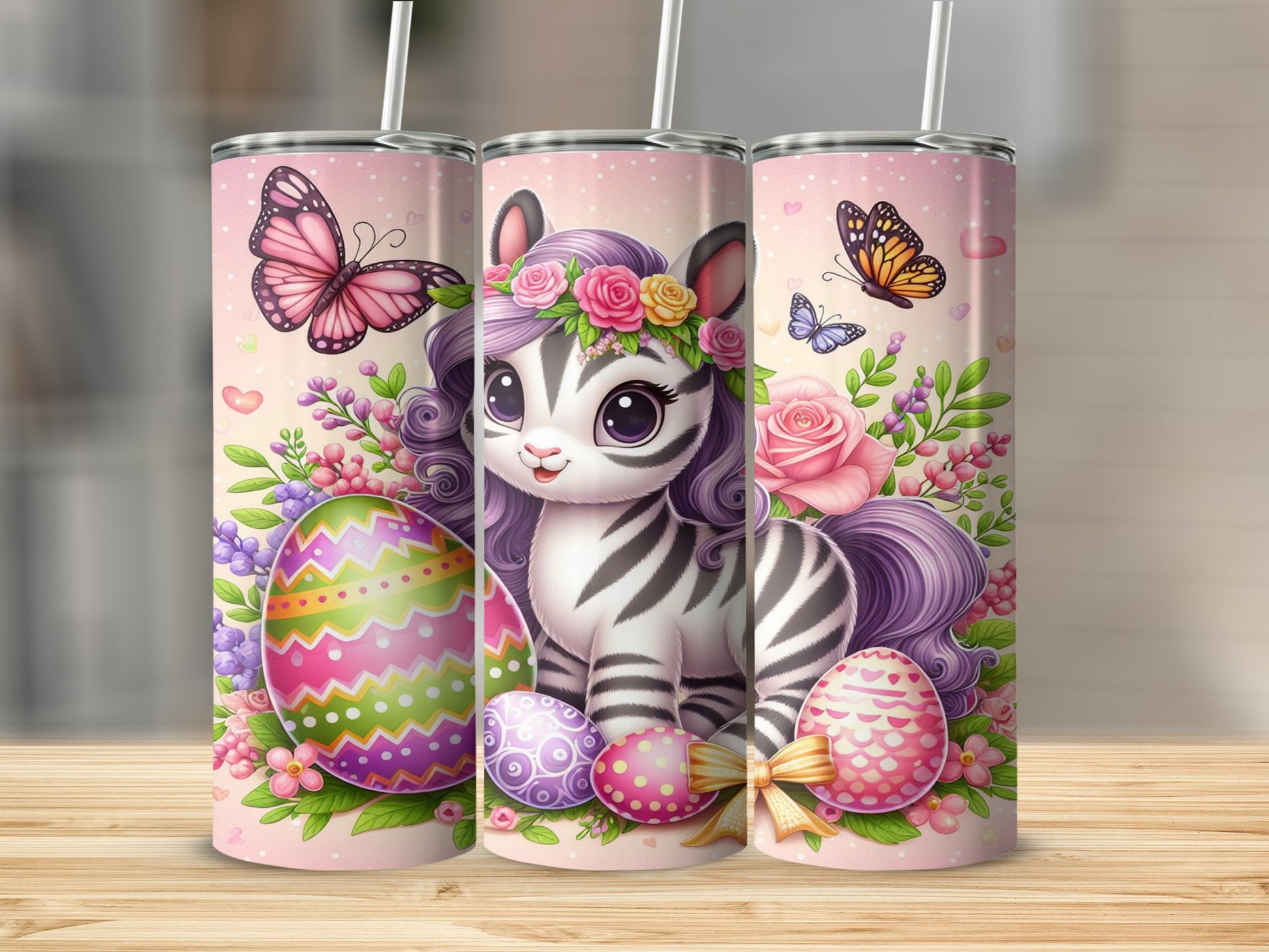 Cute zebra with colorful Easter eggs and butterflies, surrounded by flowers.