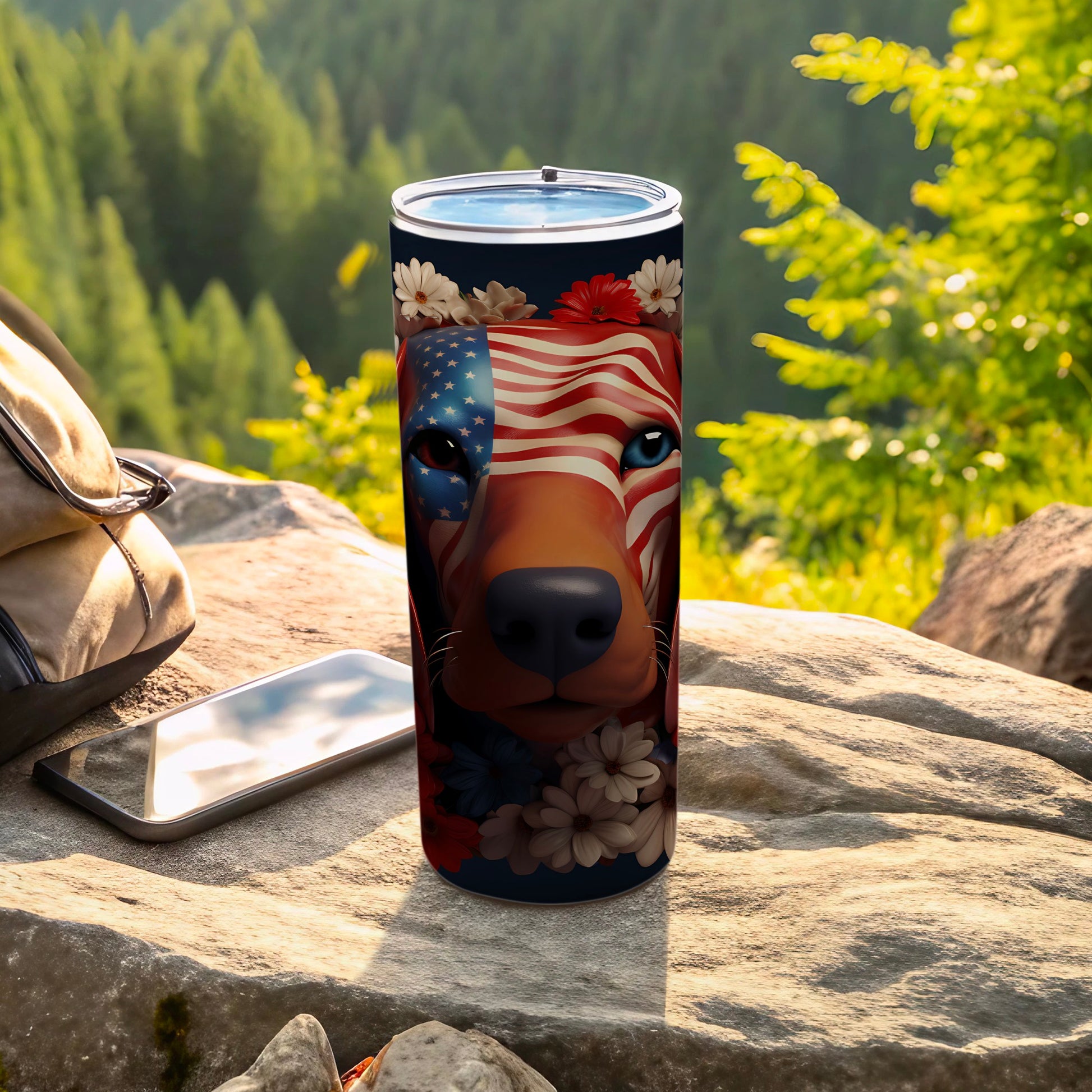 Dog with American flag pattern on face, on a rock outdoors.