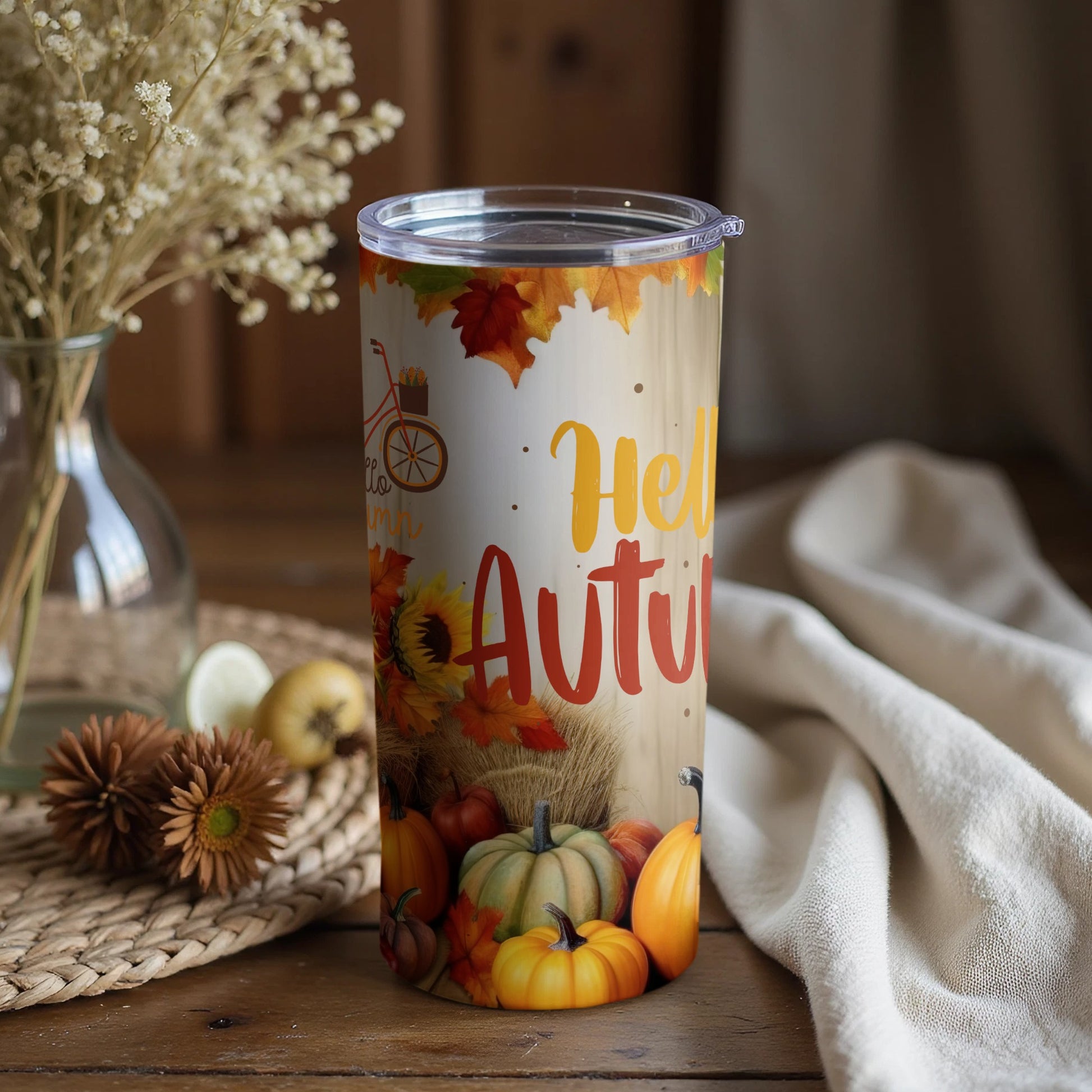 Hello Autumn Pumpkin Leaves Decorative Tumbler Cup