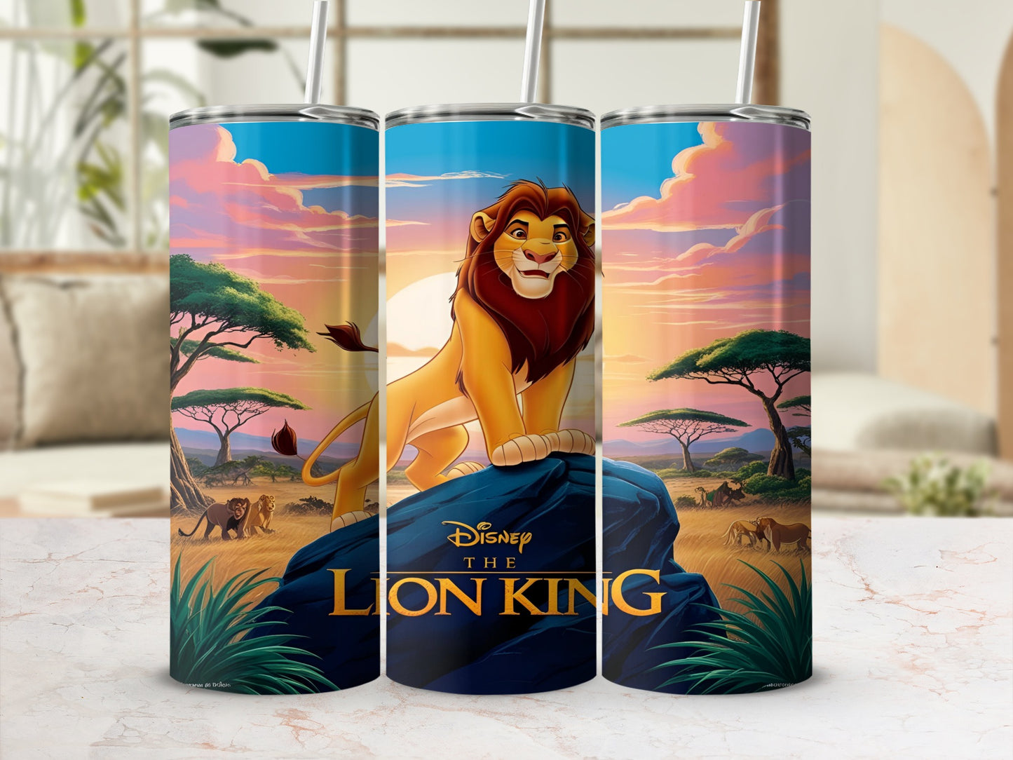 The Lion King tumbler with Simba and Pride Rock artwork.
