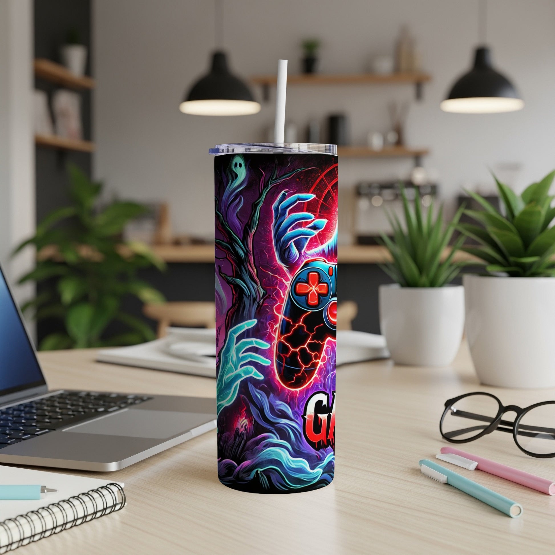 Tall tumbler with colorful gaming controller and ghost graphics.