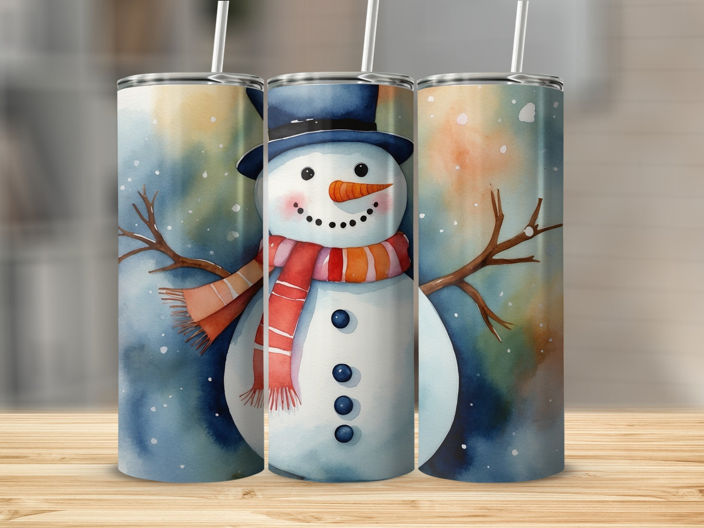 Watercolor snowman with scarf and hat, on a tumbler wrap with snowy background.