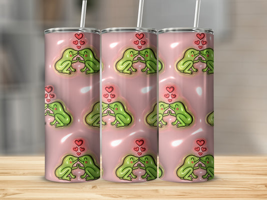 Cute Frog Couple with Hearts Pink Background Tumbler