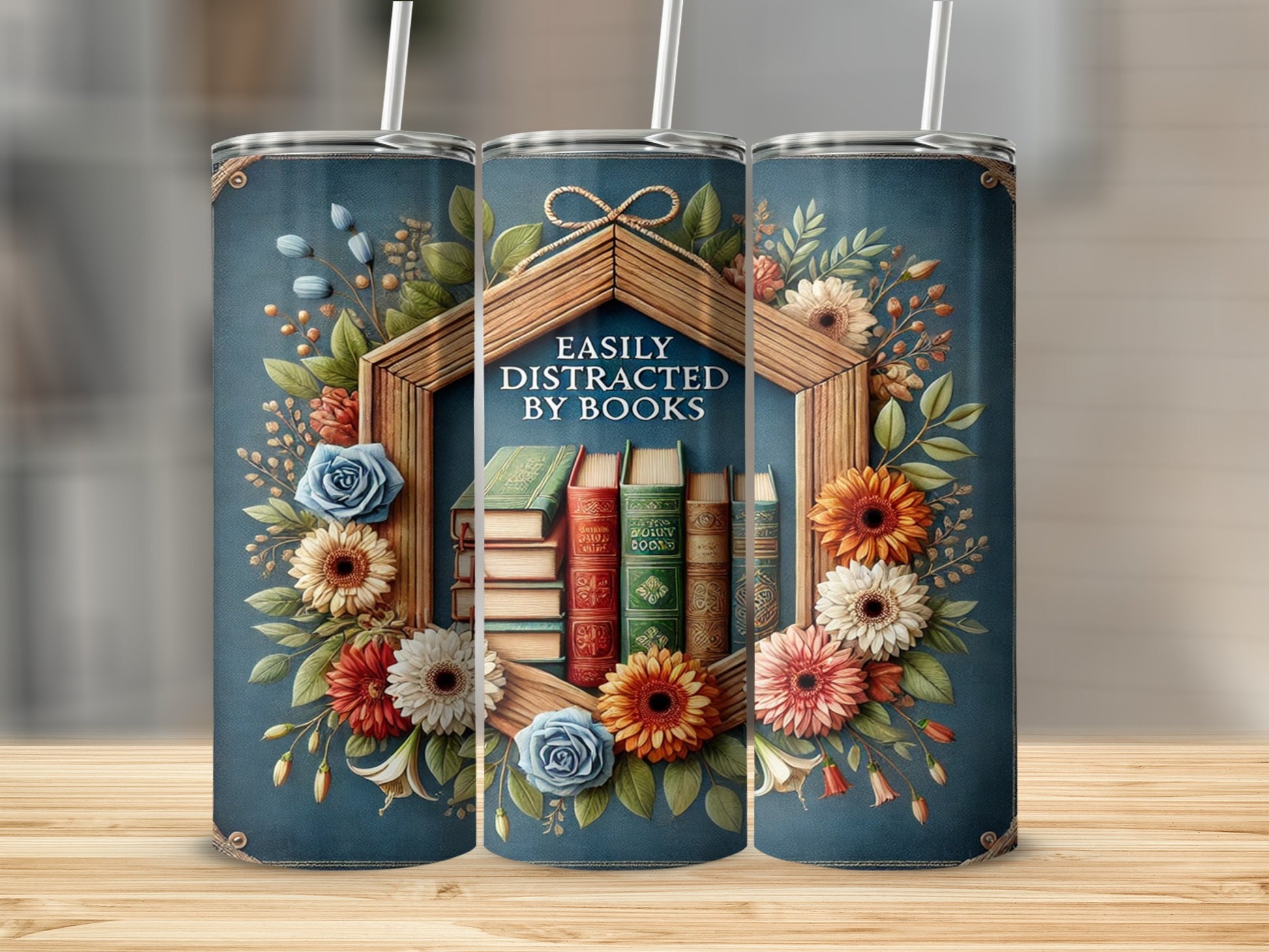 Easily Distracted by Books Floral Design Tumbler