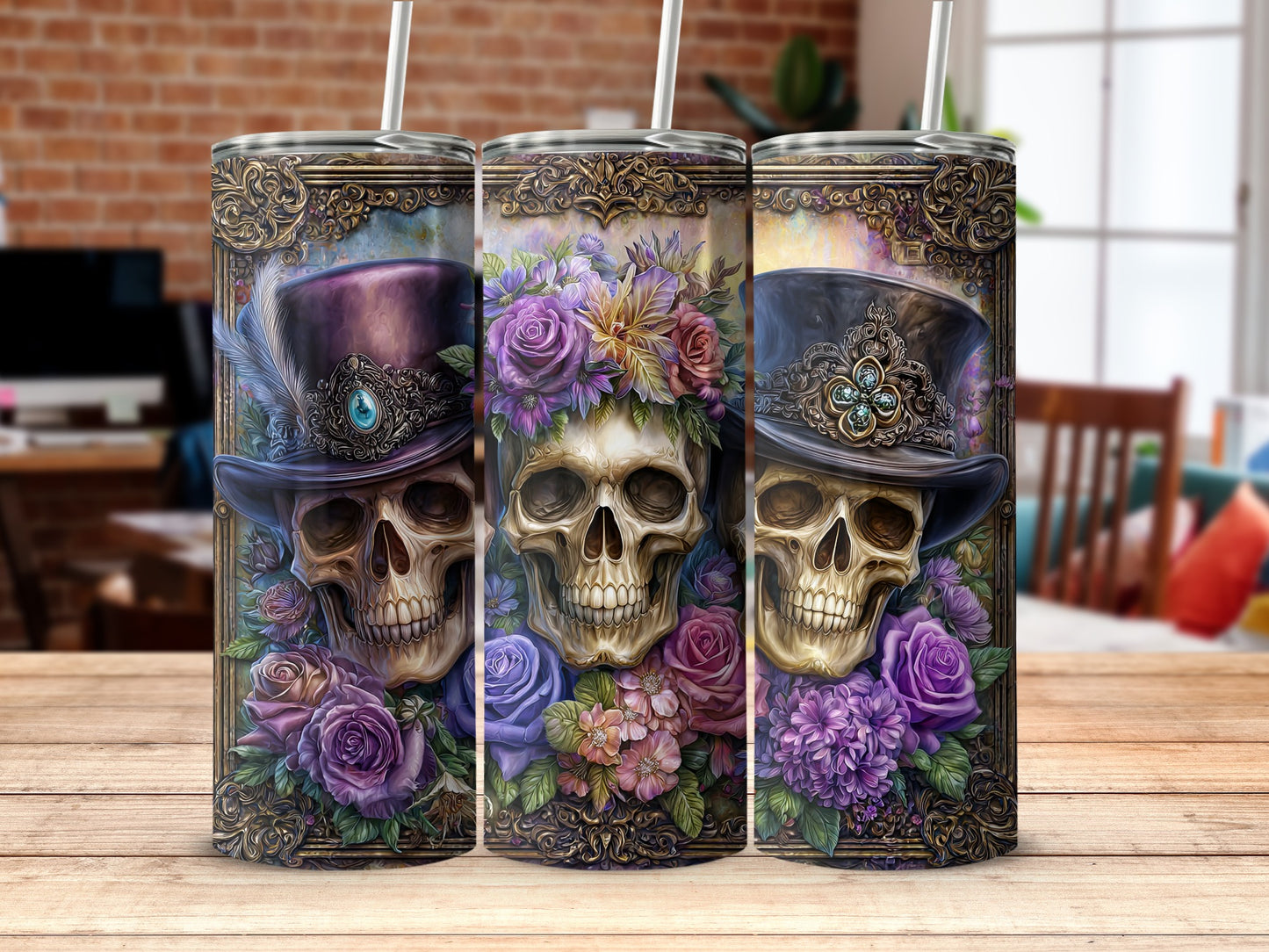 Stylish Skull Design Insulated Tumbler with Floral Art