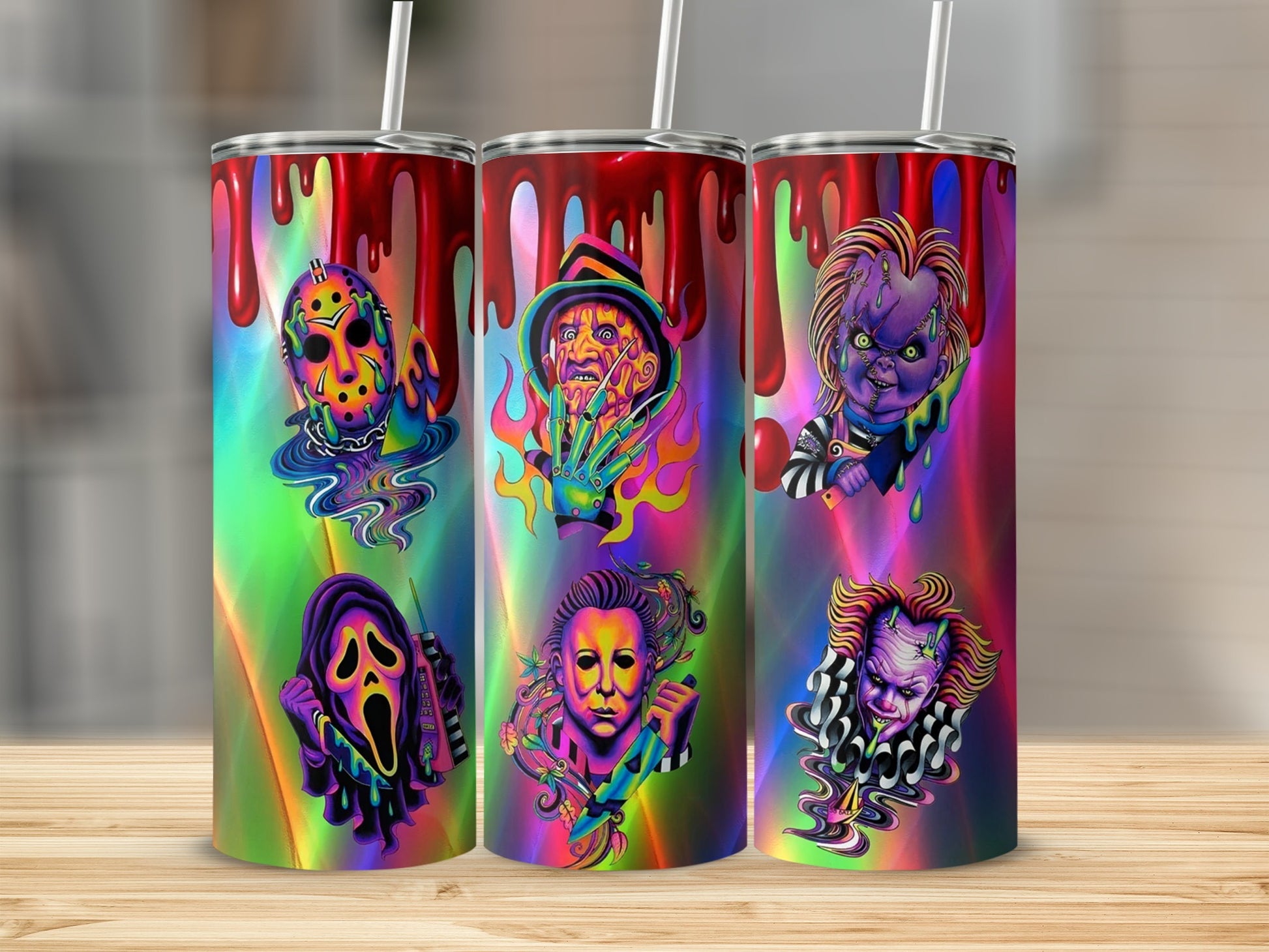 Horror movie characters on colorful, abstract background, on three tumblers.