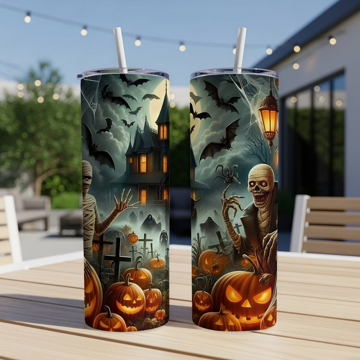 Halloween themed tumblers with spooky graveyard, mummy, zombie, bats, and jack-o'-lanterns.