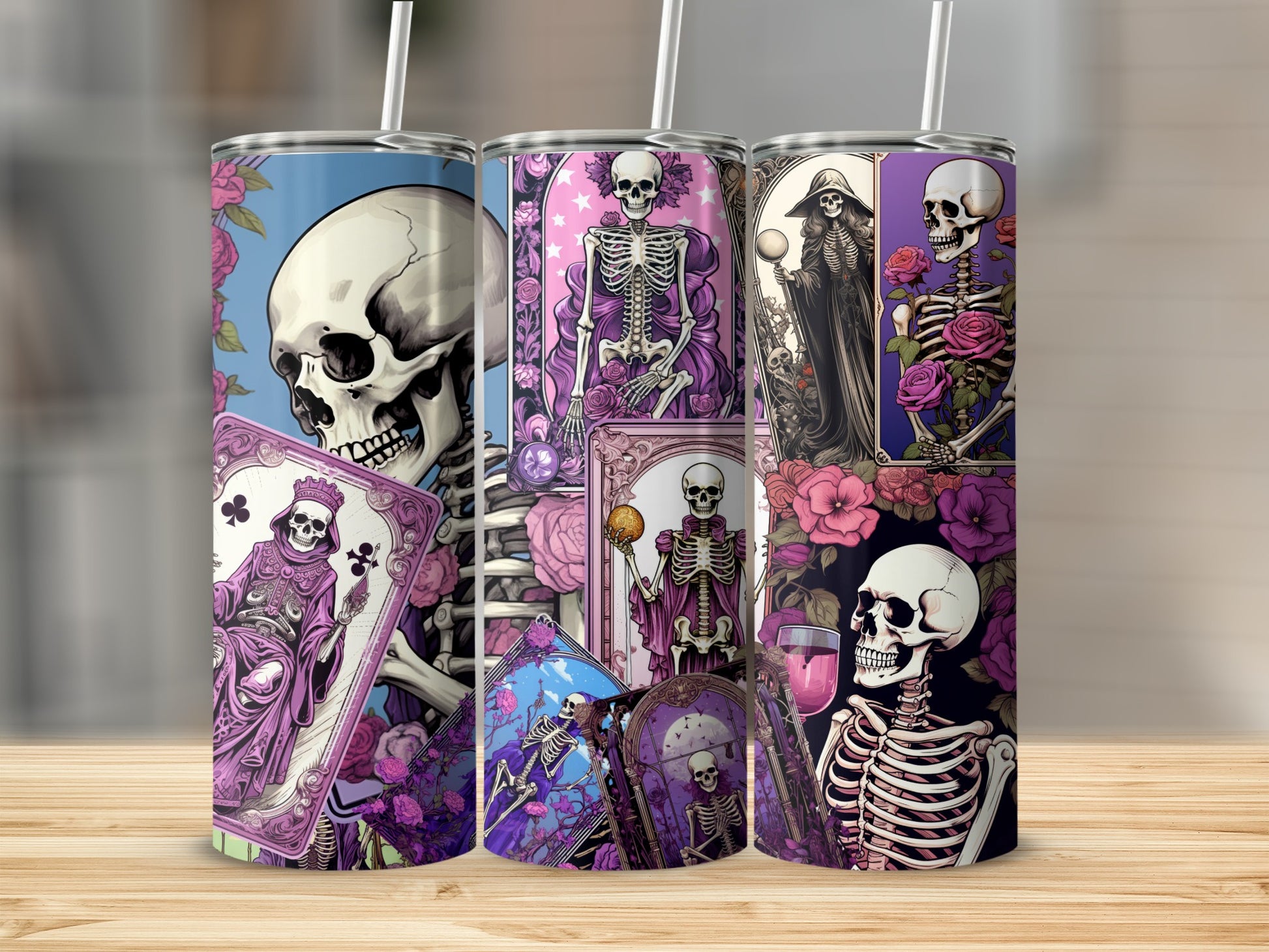 Skeleton Art Tall Tumbler Cups with Colorful Designs