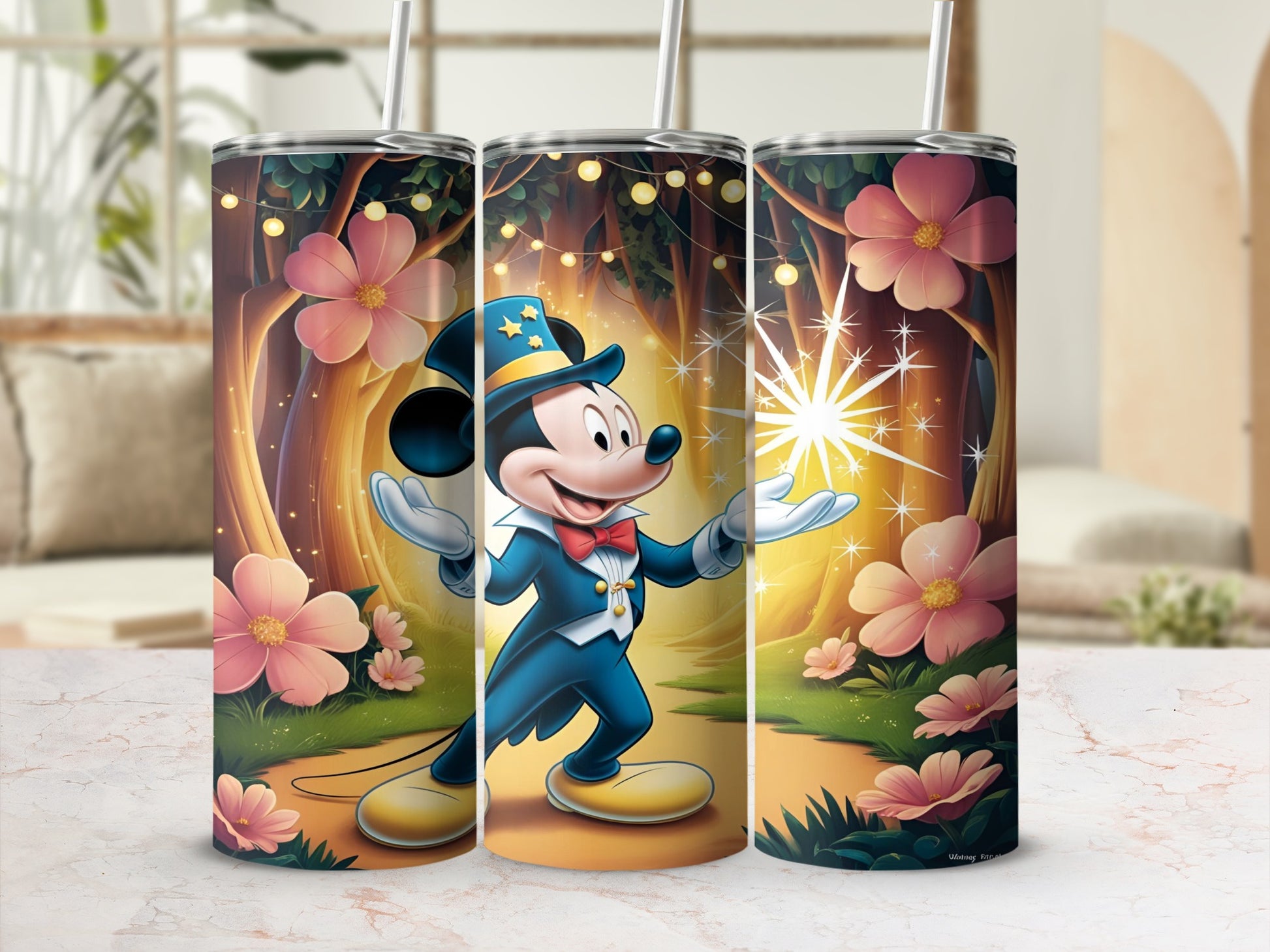 Mickey Mouse in a magician's costume in a whimsical forest setting.