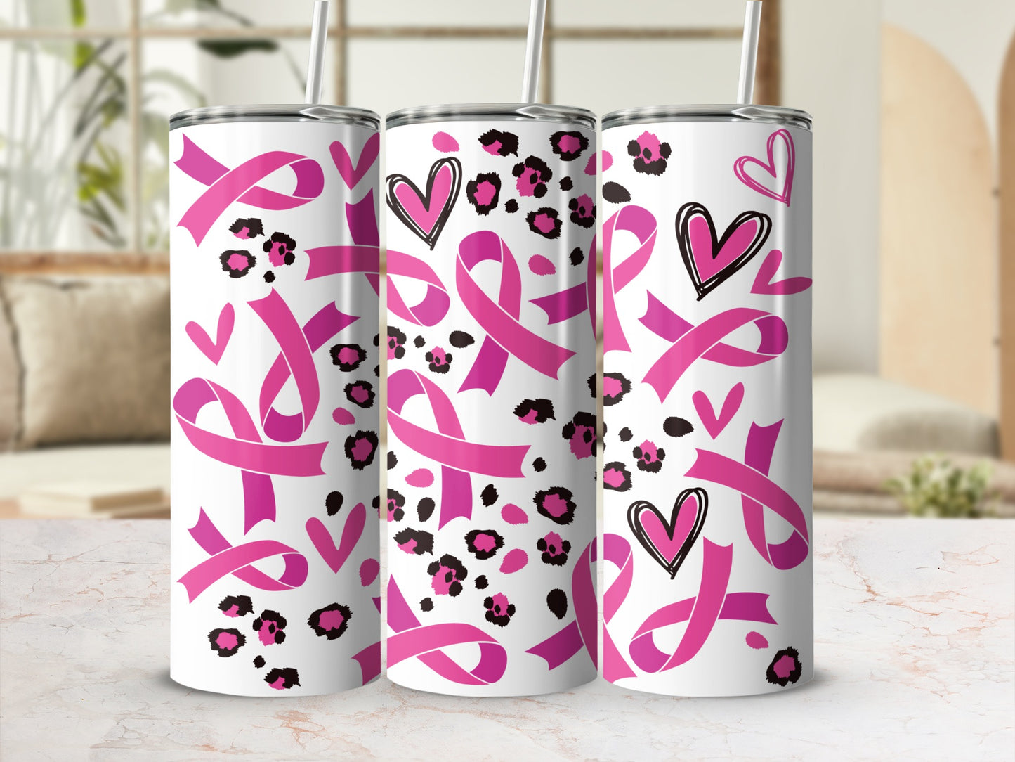 Pink breast cancer ribbons and hearts on leopard print tumbler.