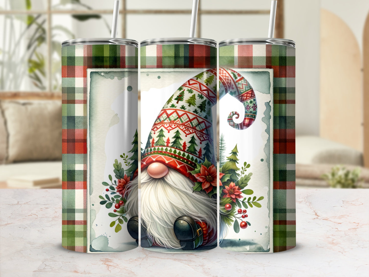 Tapered tumbler with gnome and festive holiday pattern.