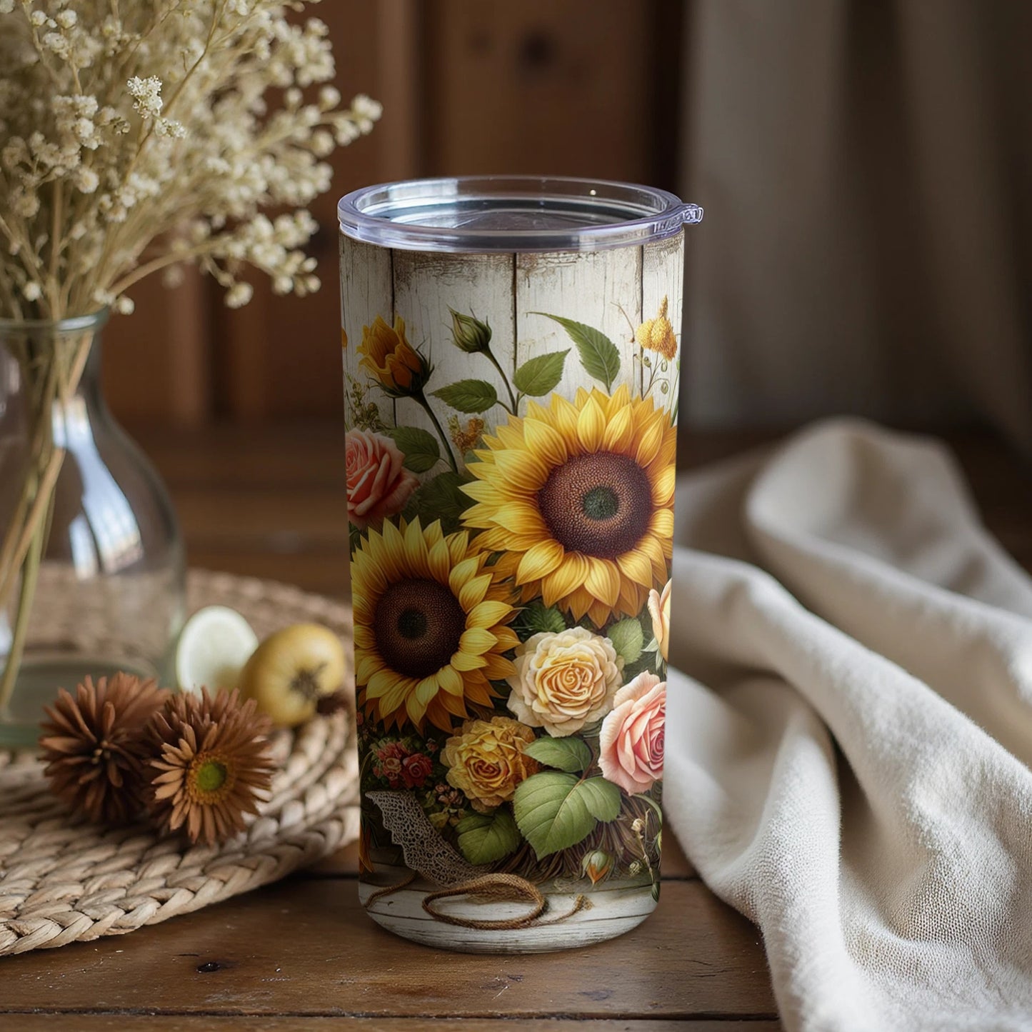 Sunflowers and Roses Floral Design Travel Mug