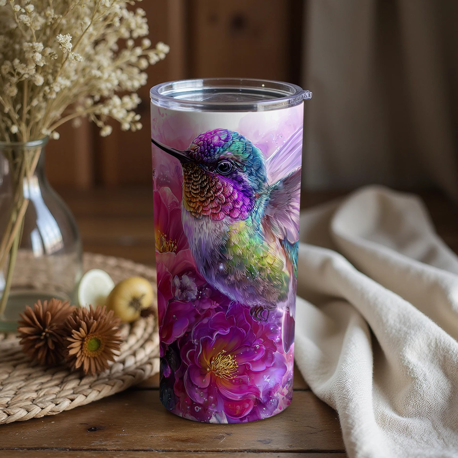Hummingbird Art Colorful Floral Design Tumbler