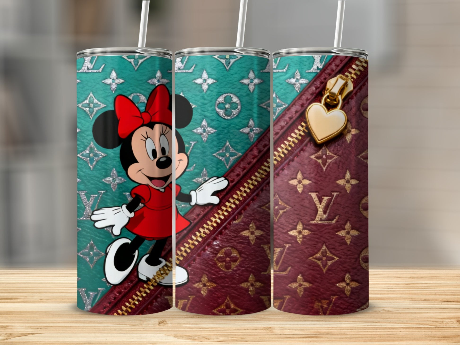 Minnie Mouse with designer logo pattern and gold zipper detail.