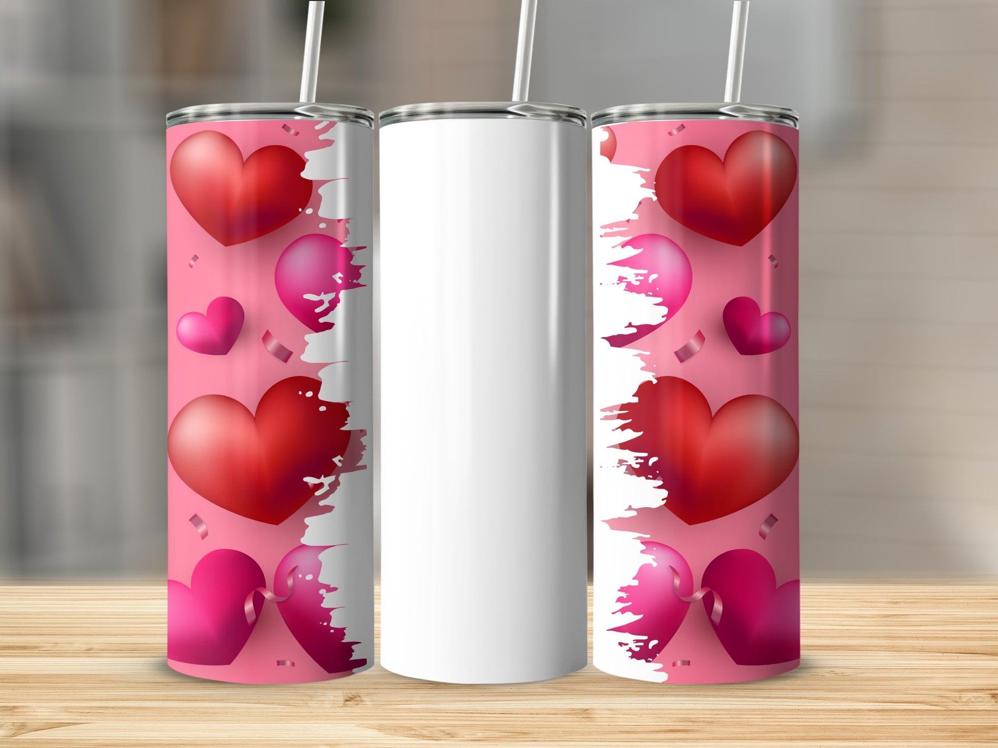 Pink Hearts Design Insulated Tumbler with Straw