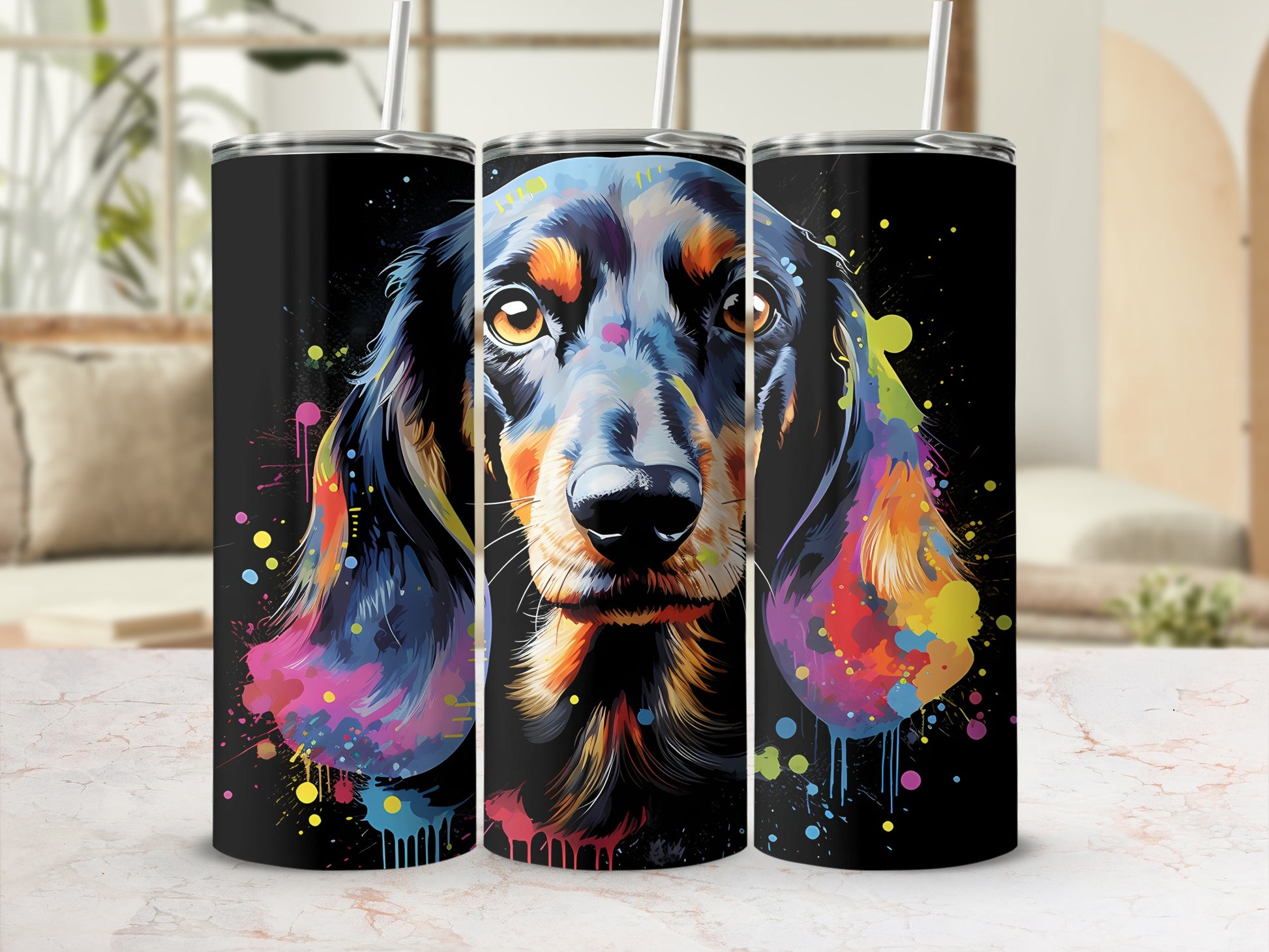 Dachshund portrait with colorful paint splatters on black tumblers.