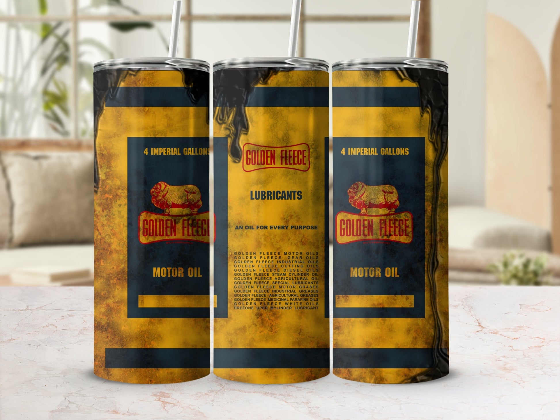 Golden Fleece Motor Oil can with brand logo and product list.