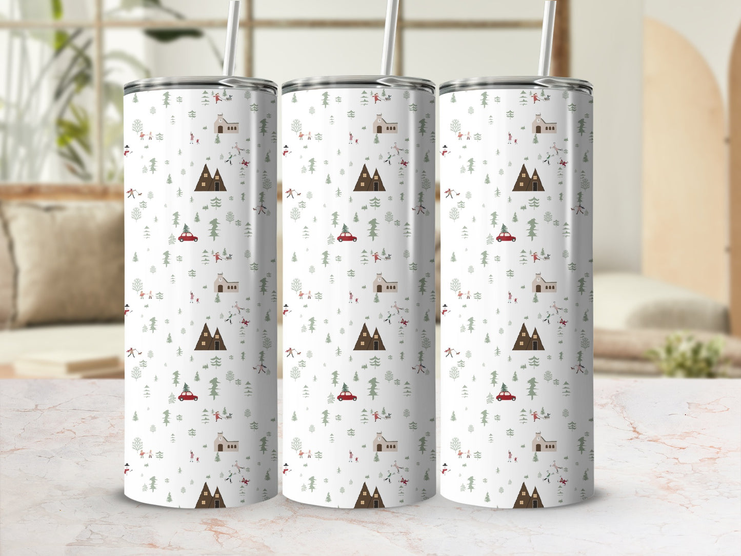 Three tumblers with a winter forest pattern and small houses.