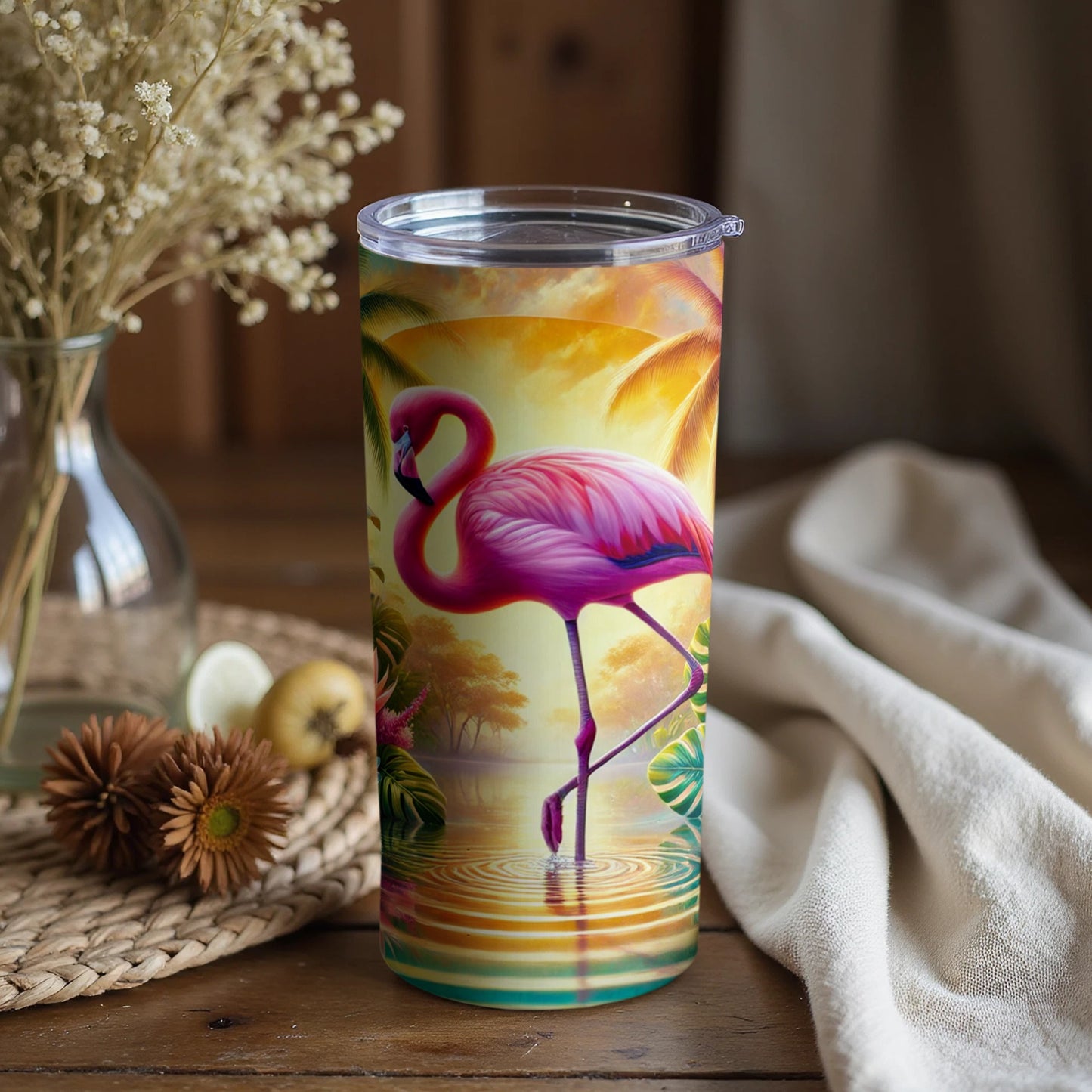 Vibrant Flamingo Tropical Scene Travel Tumbler Cup