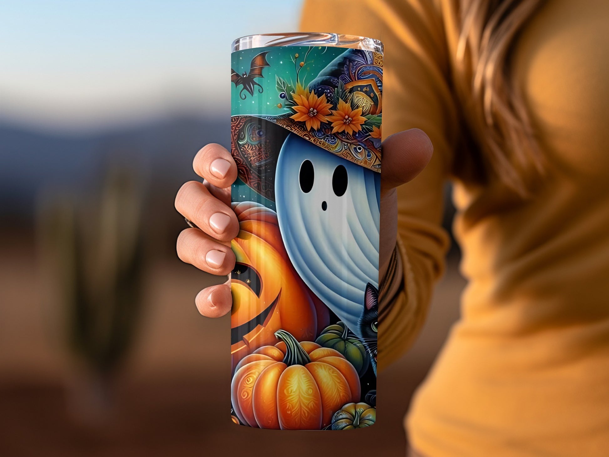 Colorful Halloween Ghost and Pumpkins Tumbler Product