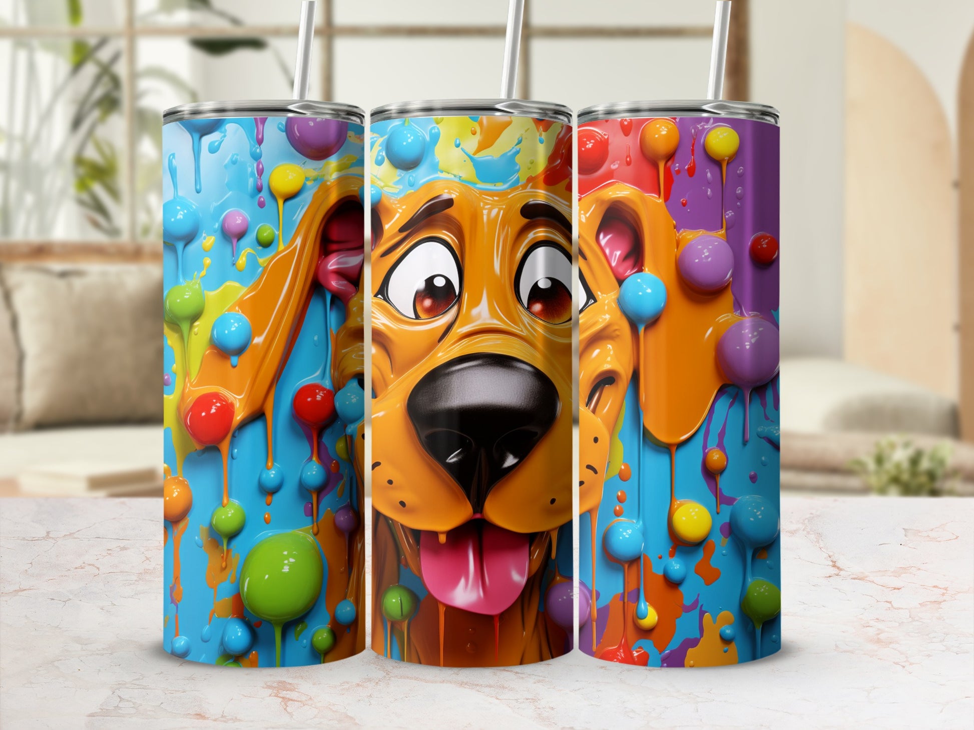 Colorful Cartoon Dog Splash Artwork Drinkware Collection