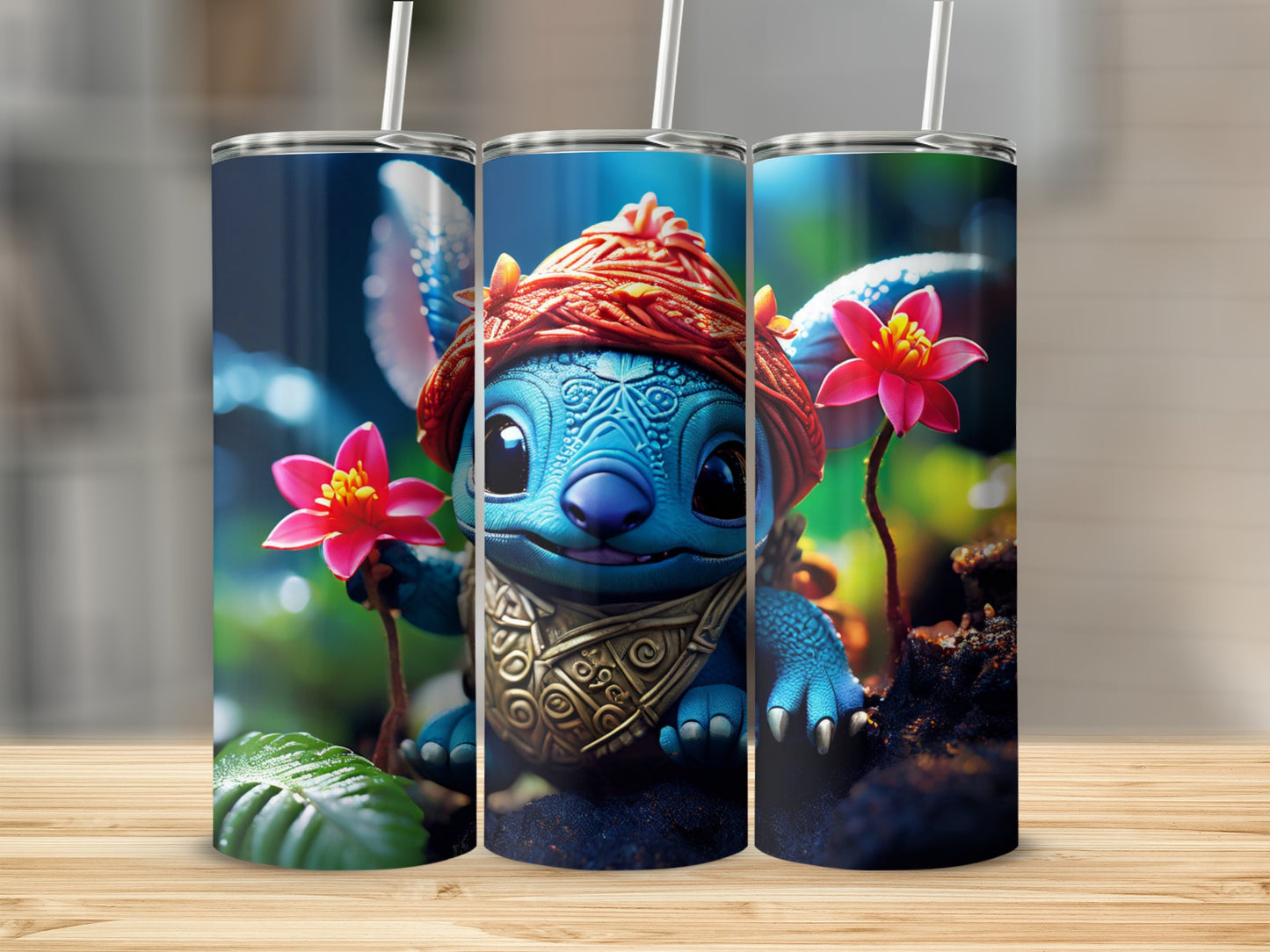 Stitch character holding pink flowers on three tumblers.