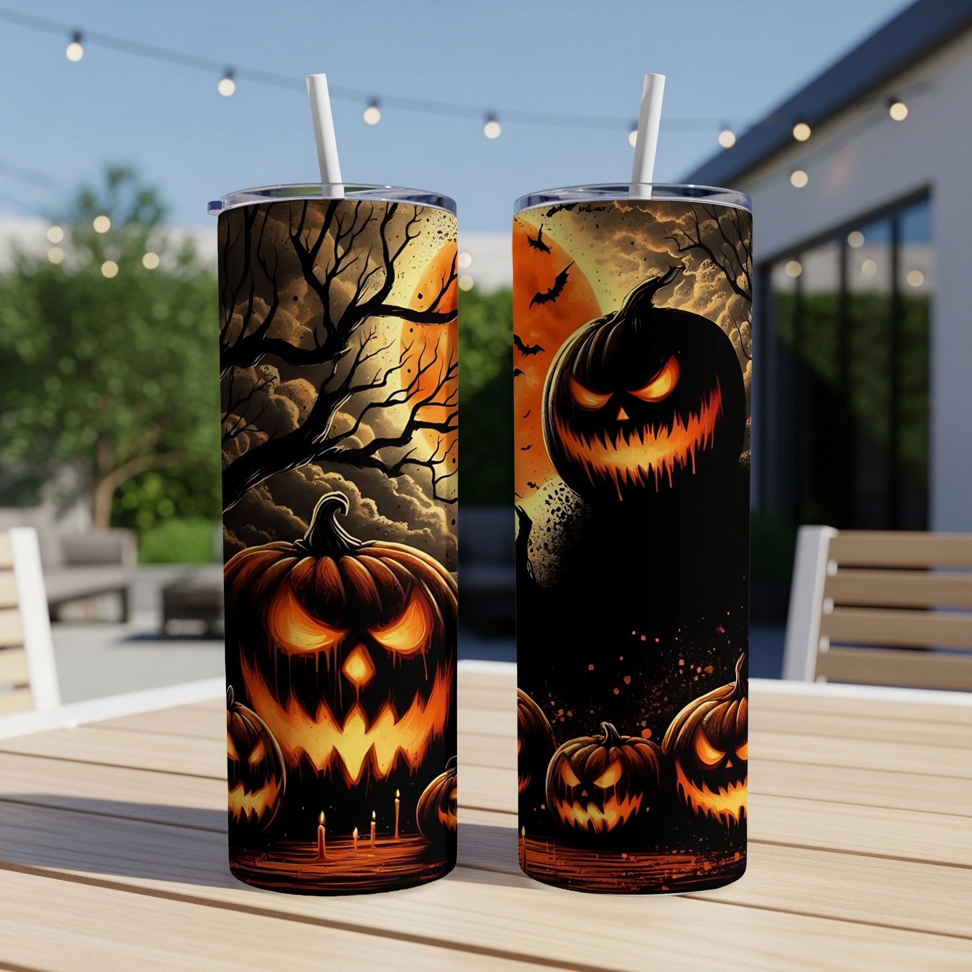 Two tumblers with Halloween pumpkin designs, including jack-o'-lanterns and bats.