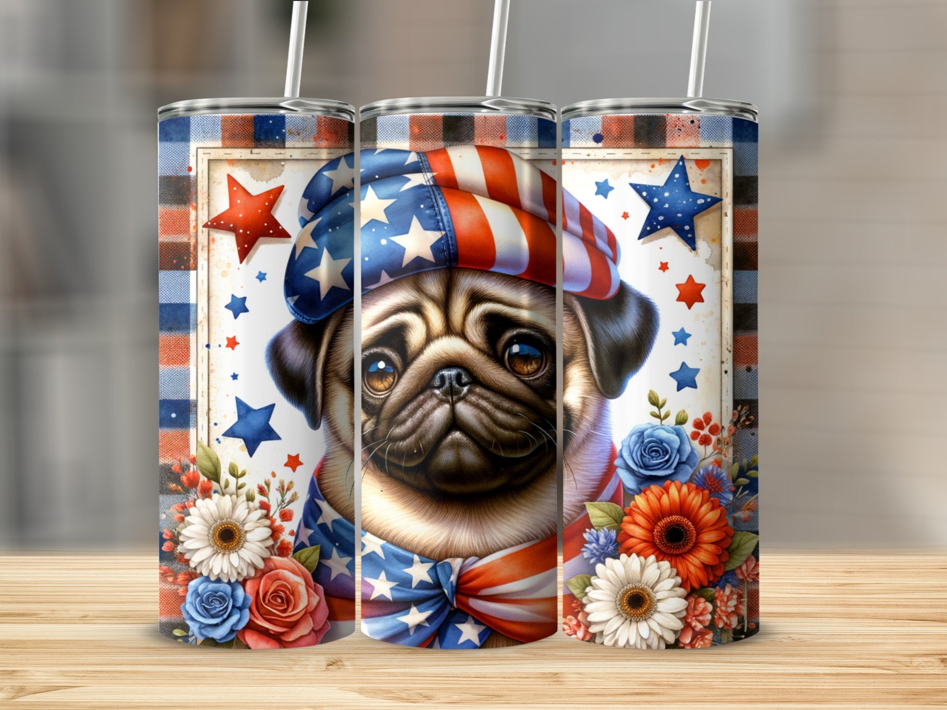 Pug wearing American flag bandana and hat with floral accents.