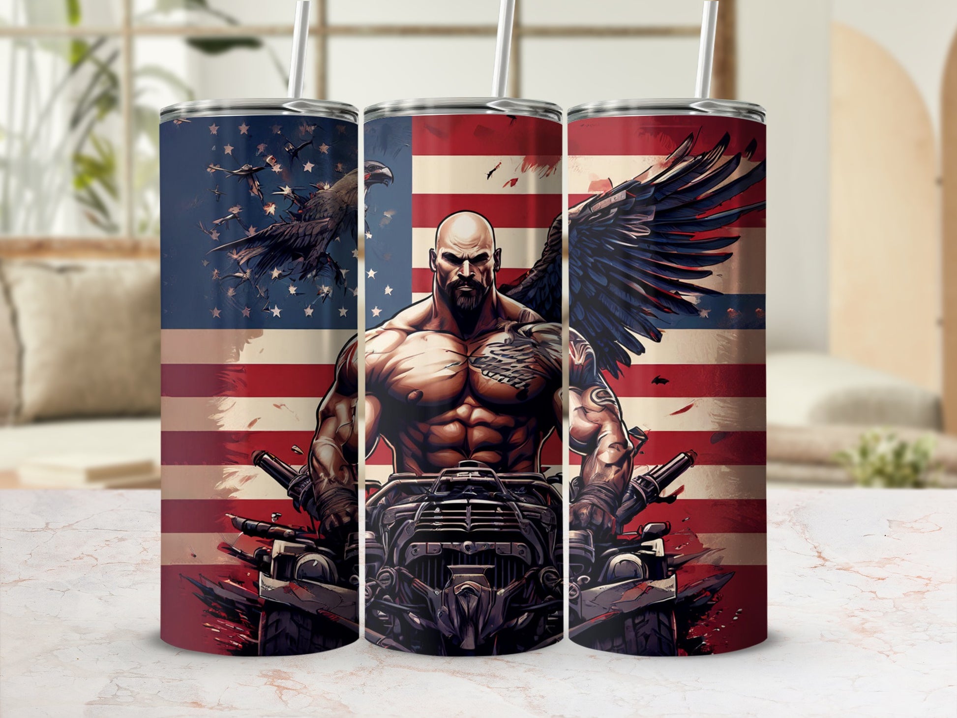 Muscle man with eagle and American flag on a tumbler cup.