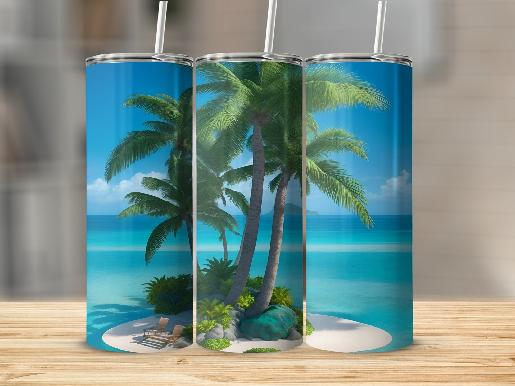 Three tropical tumblers with palm trees, beach chairs, and ocean scene on display.