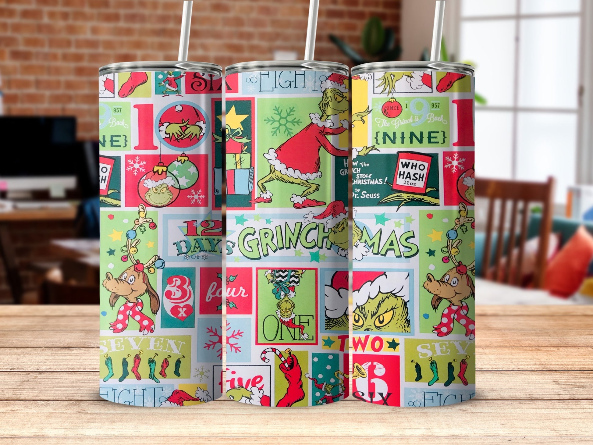 Grinch holiday tumbler with holiday patterns, characters, and text.