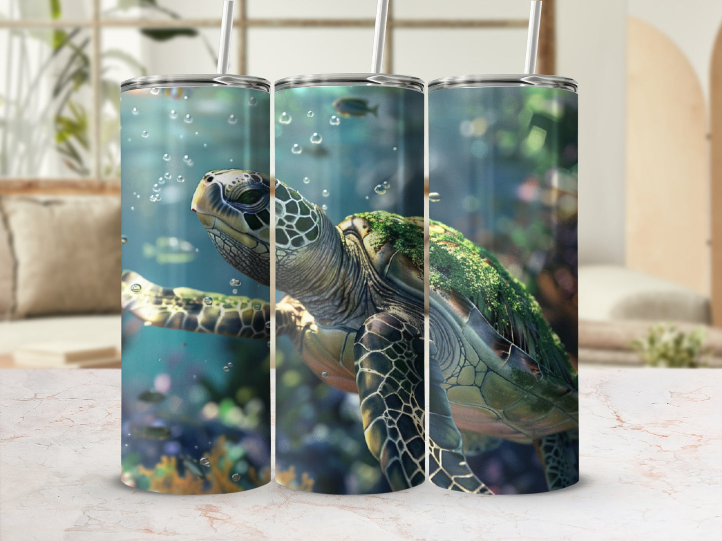 Sea turtle swimming underwater with bubbles and coral.