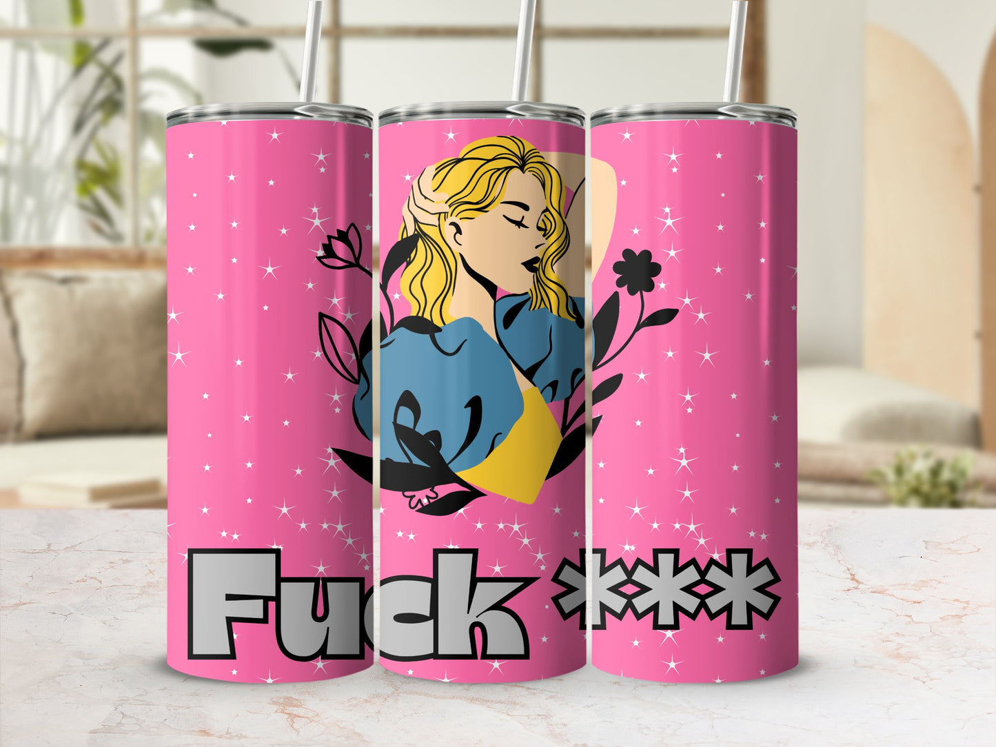 Pink Tumbler with Bold Graphics and Censored Text