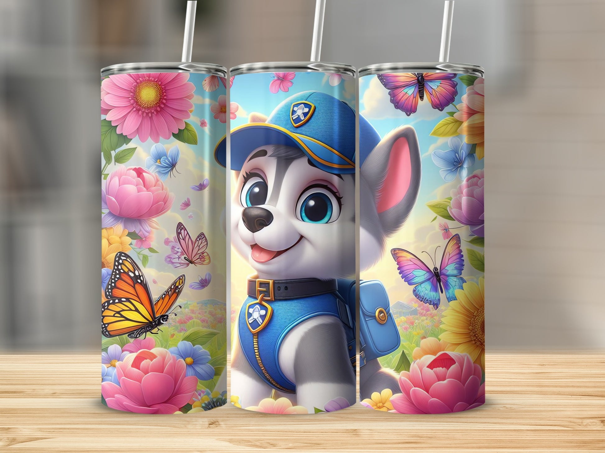 Colorful Cartoon Dog with Butterflies and Flowers Tumbler