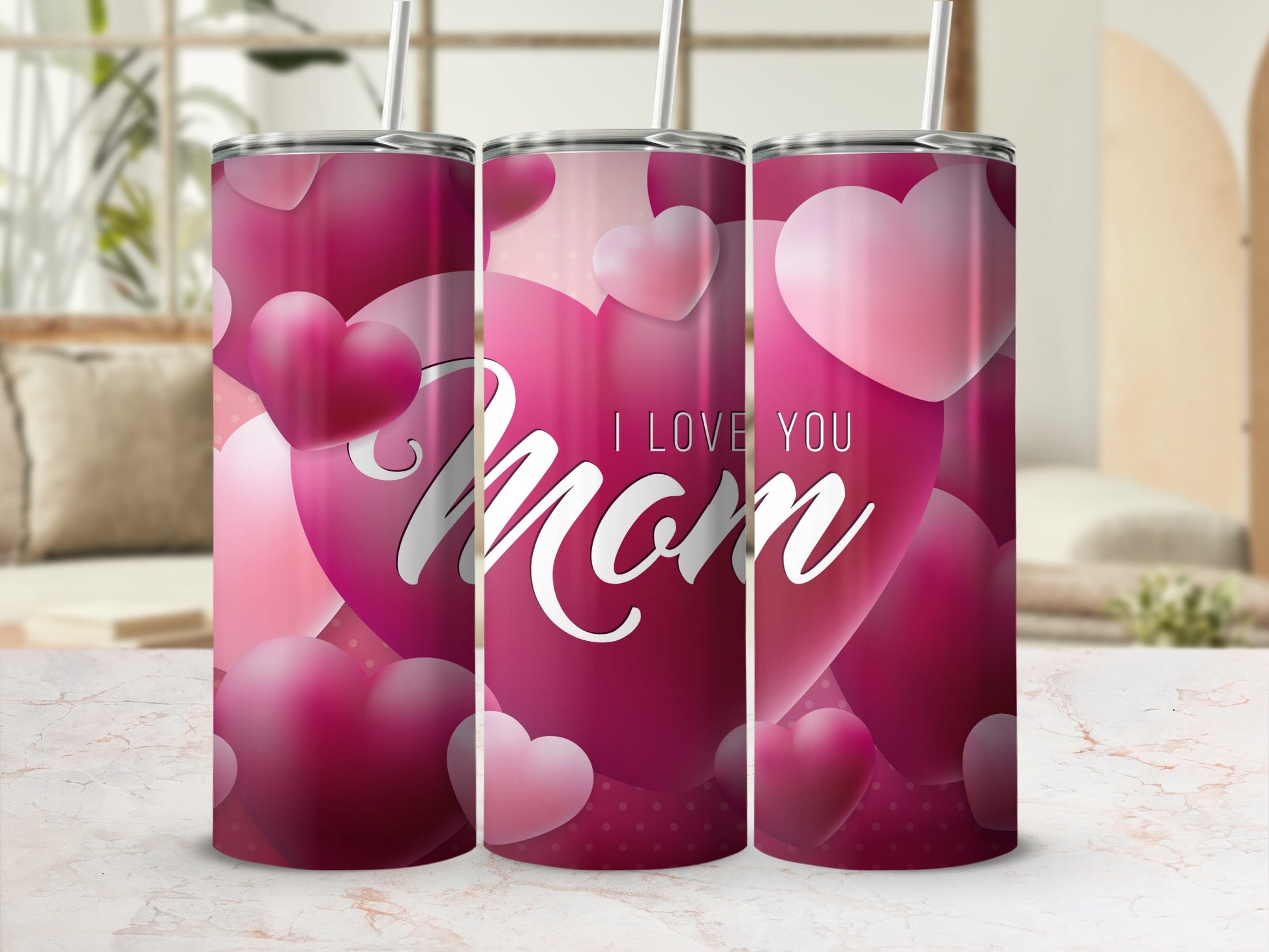I Love You Mom Pink Hearts Design Tumbler