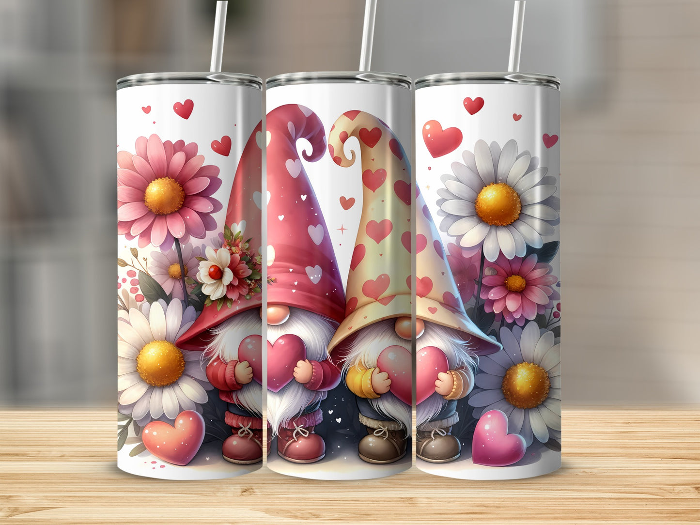 Gnomes with heart hats hold hearts surrounded by flowers and hearts.