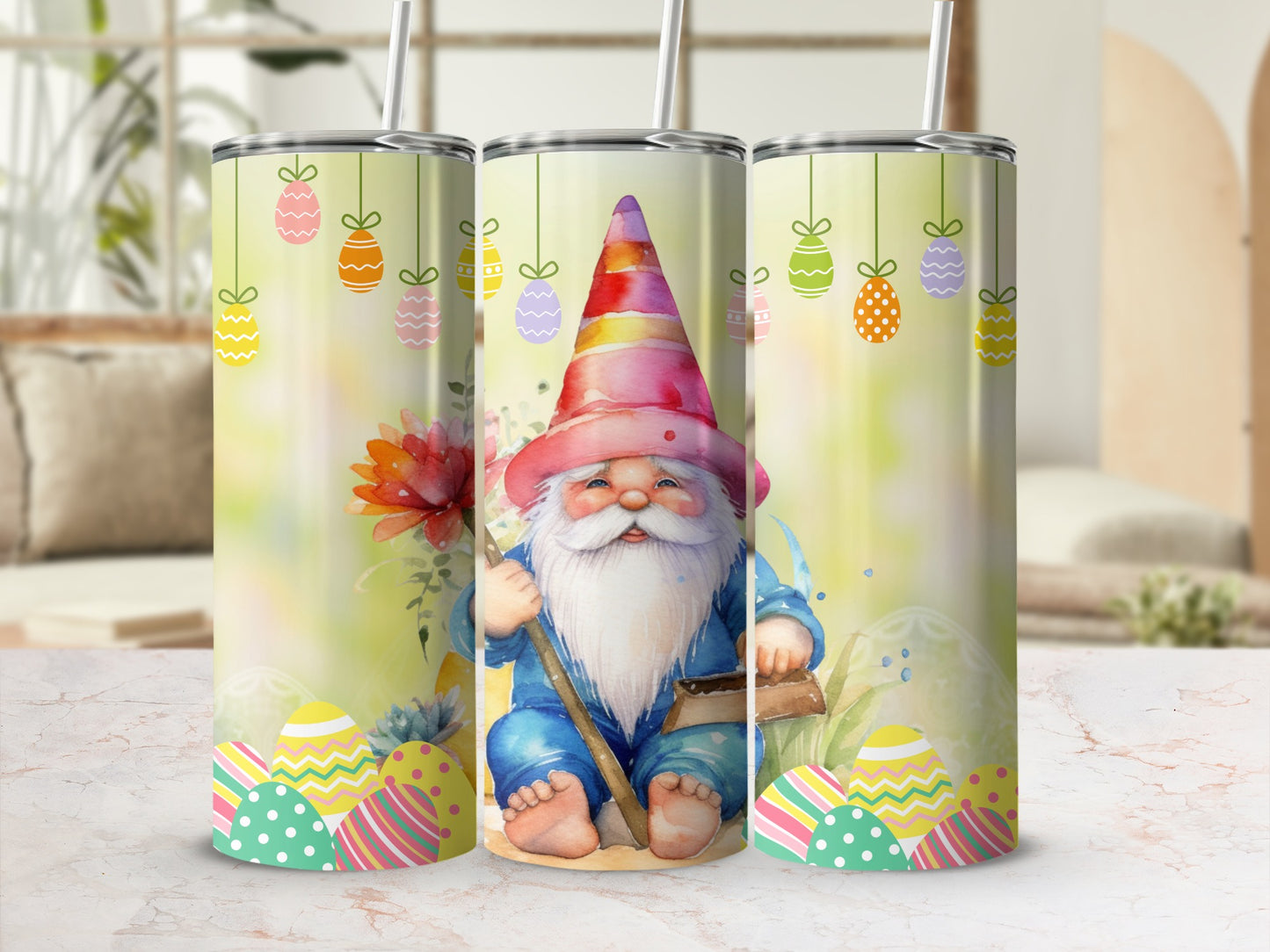 Easter Gnome with Eggs and Flowers Tumbler Cup