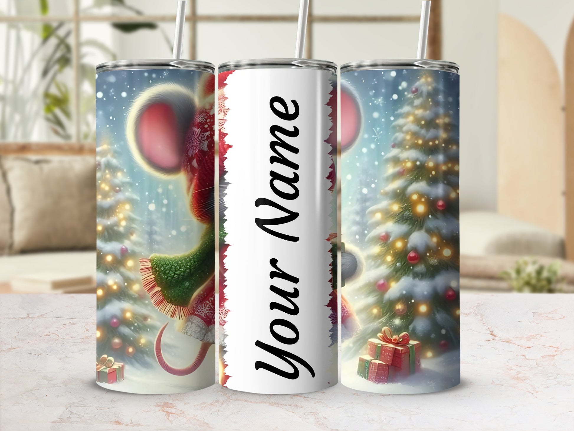 Personalized Christmas Mouse Holiday Tumbler with Straw