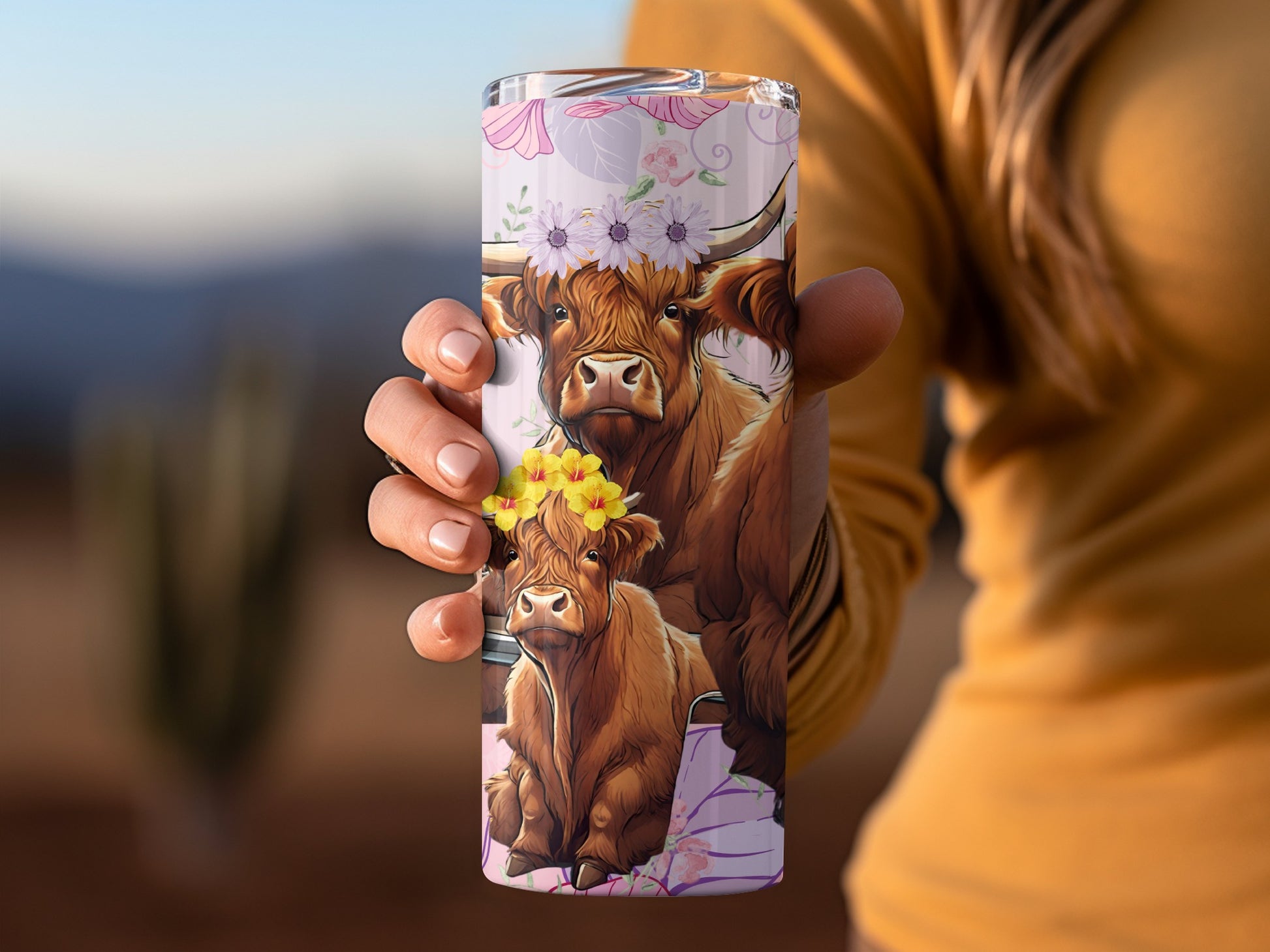 Floral Highland Cow Design Insulated Travel Tumbler