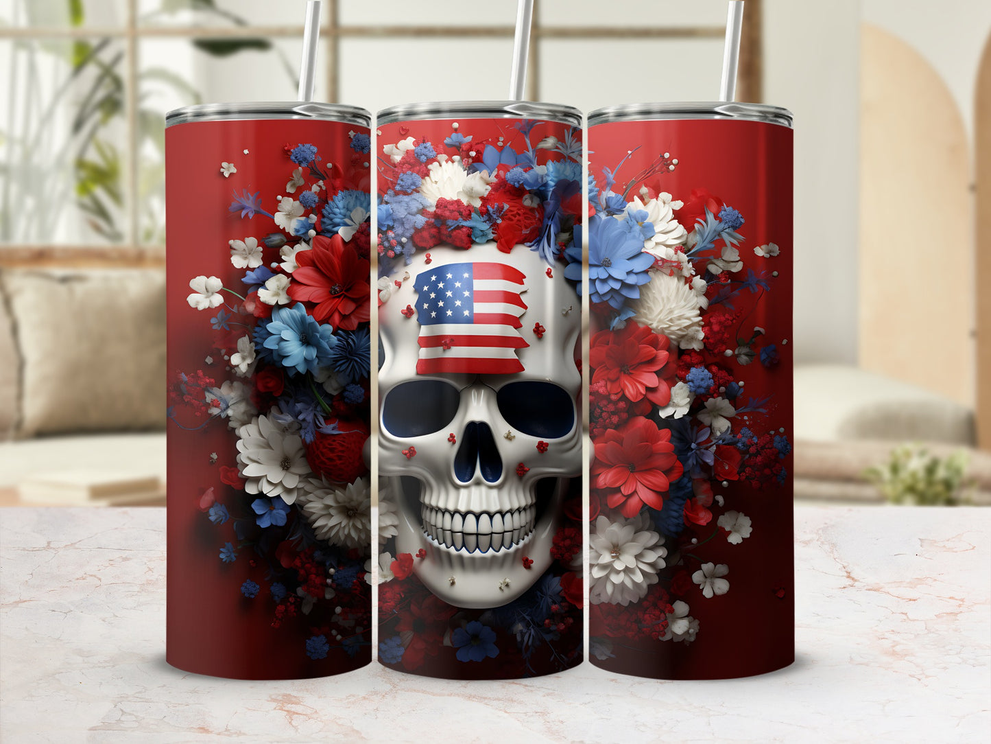 Floral skull tumbler with American flag detail.