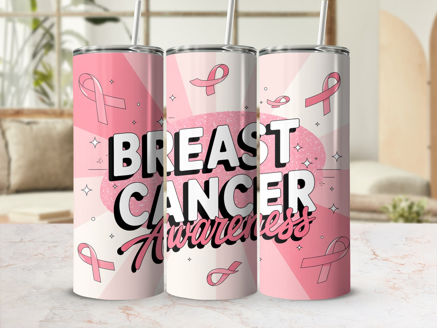 Pink tumbler with breast cancer awareness ribbons and text.