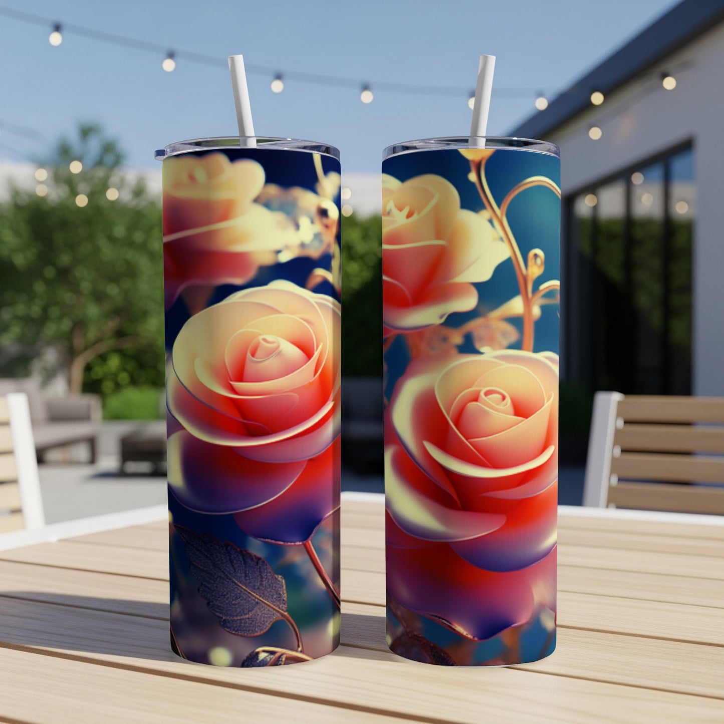 Two tumblers with a detailed rose design sitting on a wooden table.