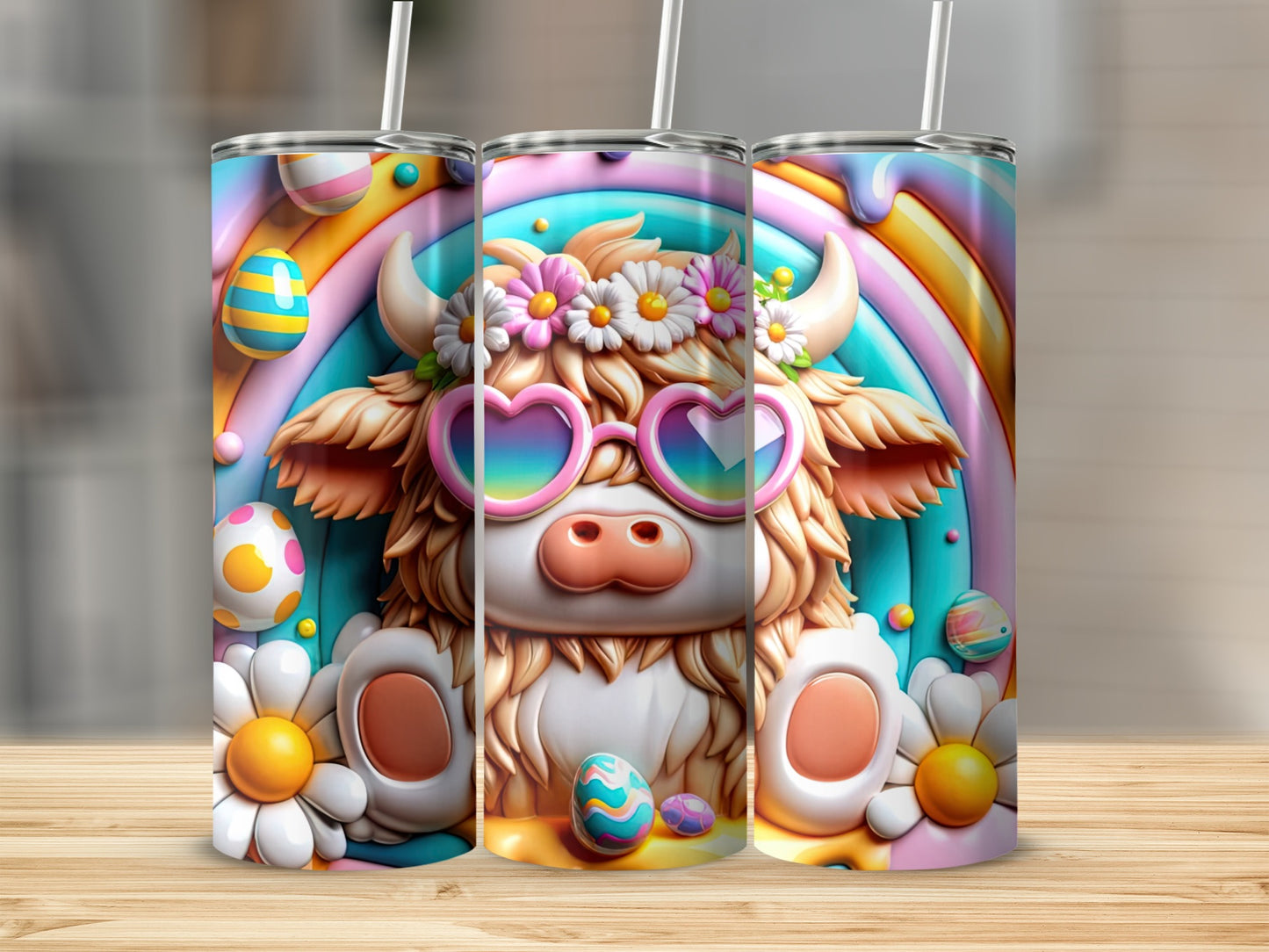 Cartoon cow with heart glasses, flowers, and Easter eggs with rainbow background.