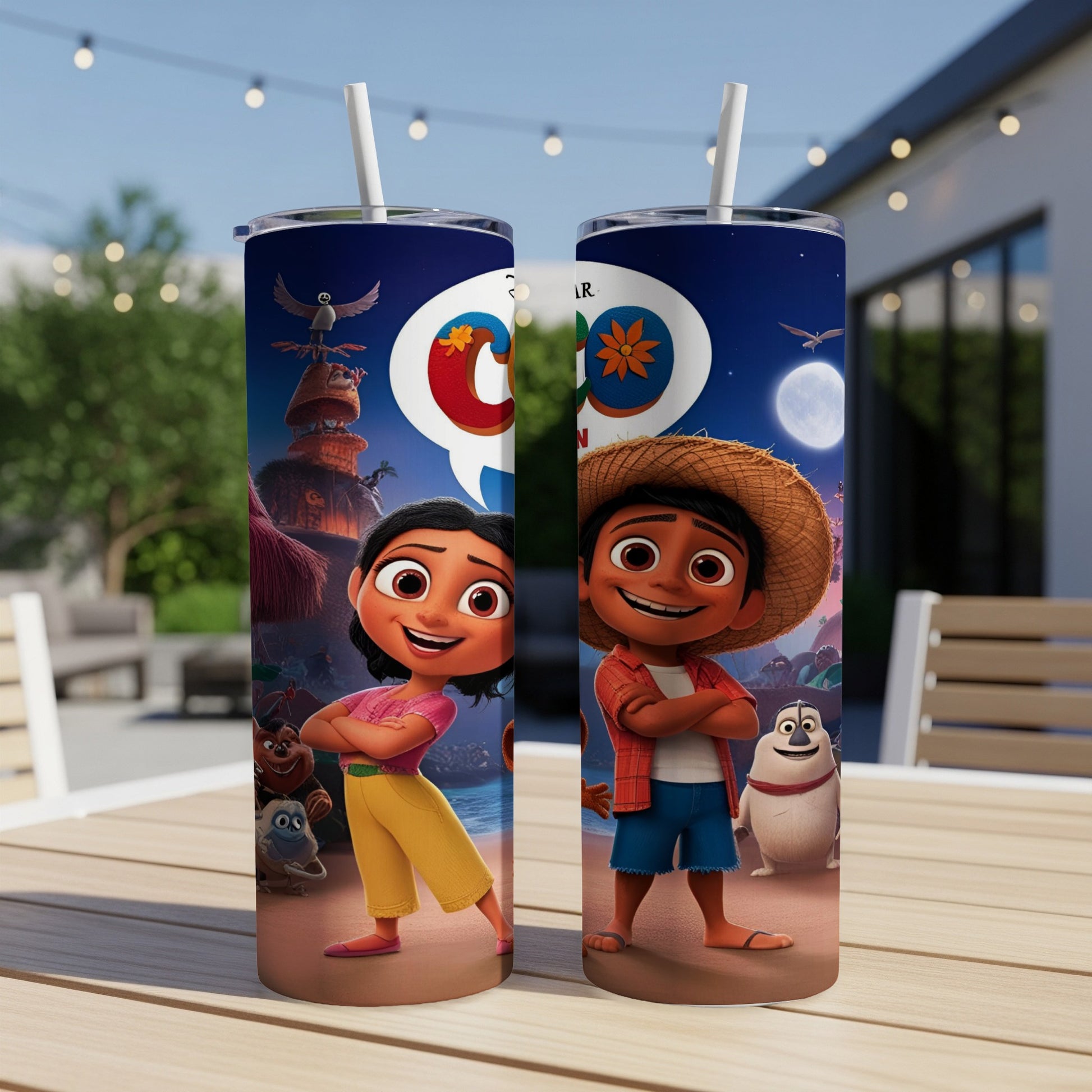 Two tumblers featuring animated characters from Encanto and the Disney Pixar logo.